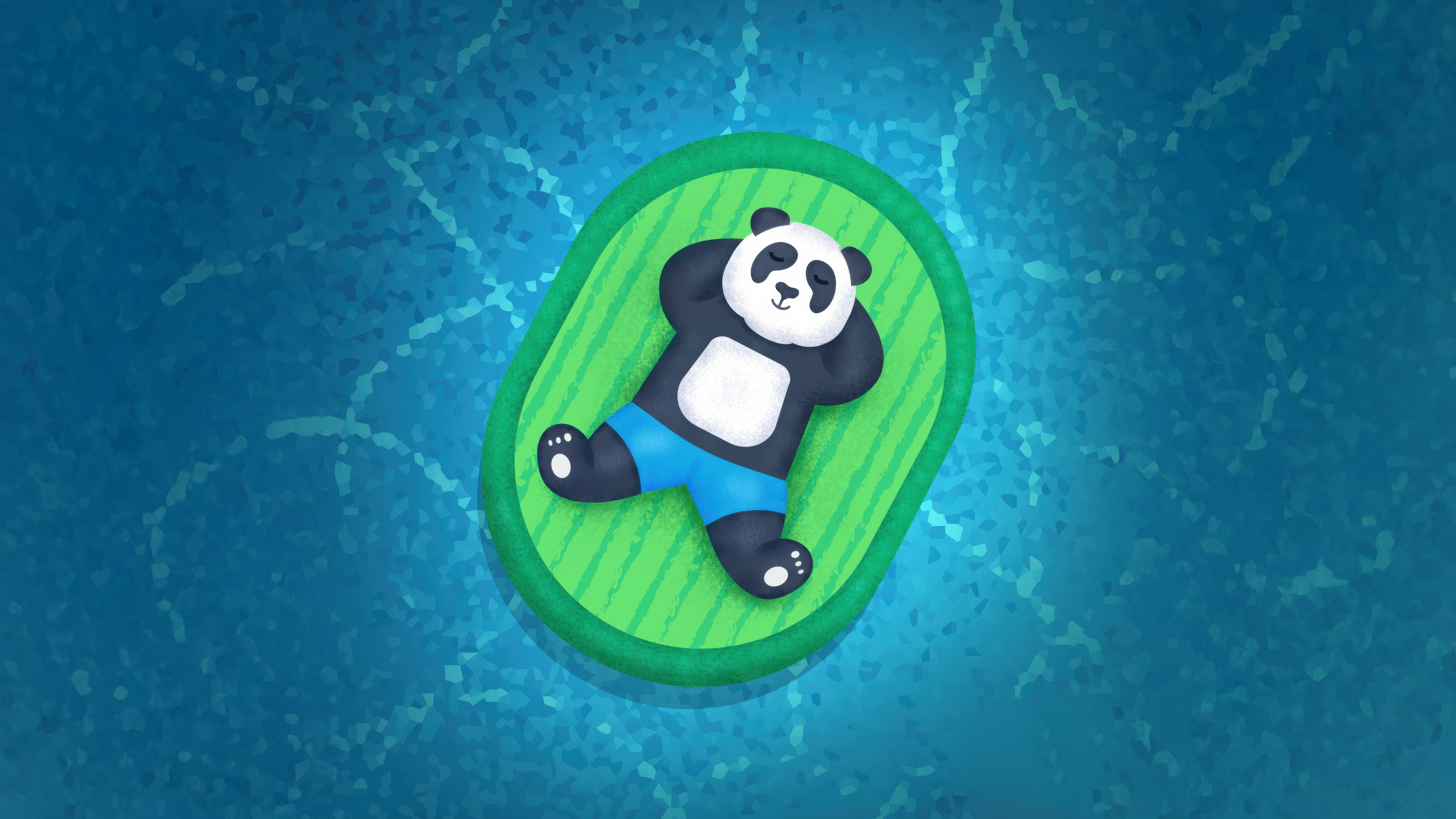 Panda relaxing on a raft in blue water HD Wallpaper