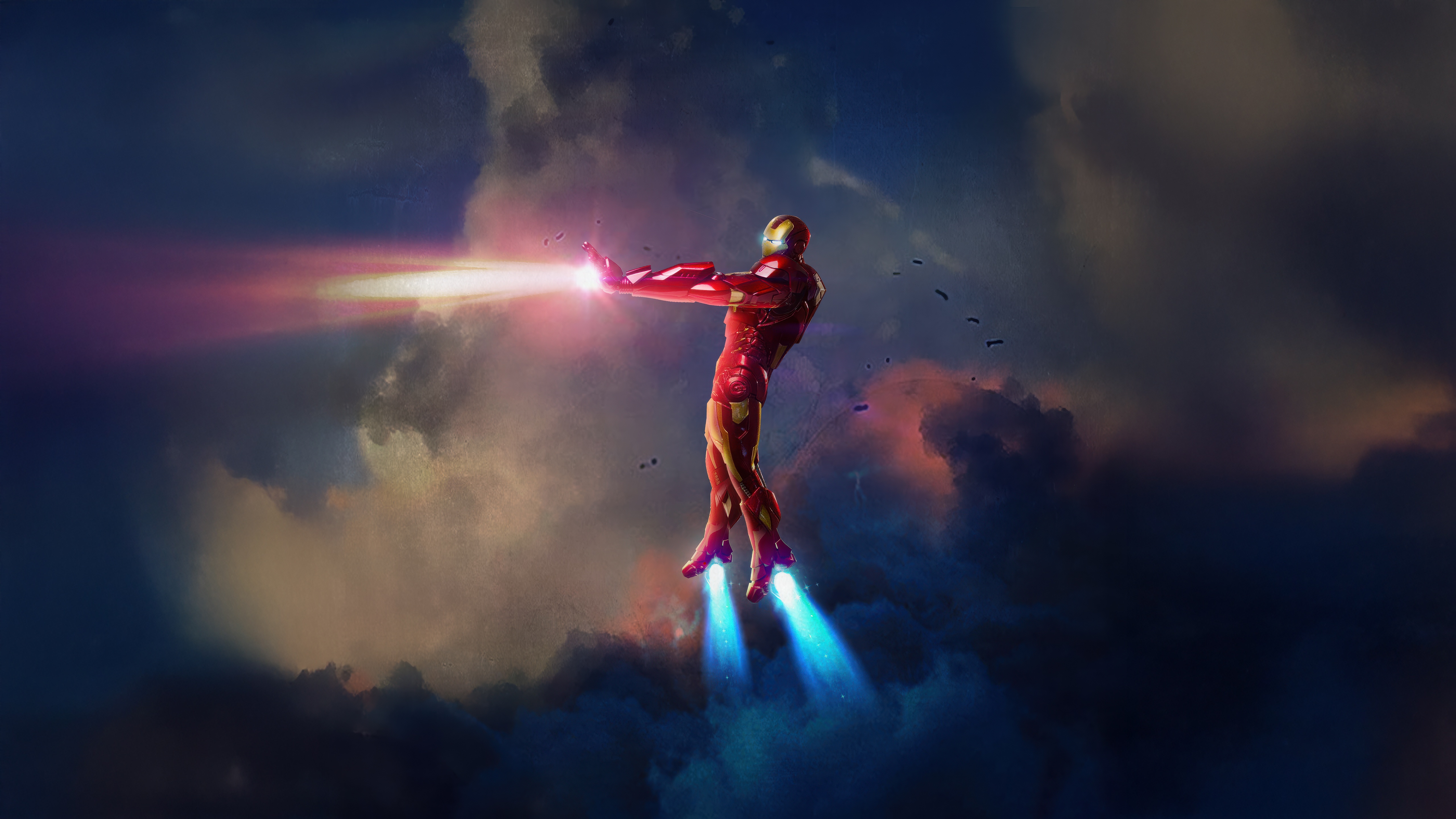 Iron Man flying and shooting beams in the sky HD Wallpaper