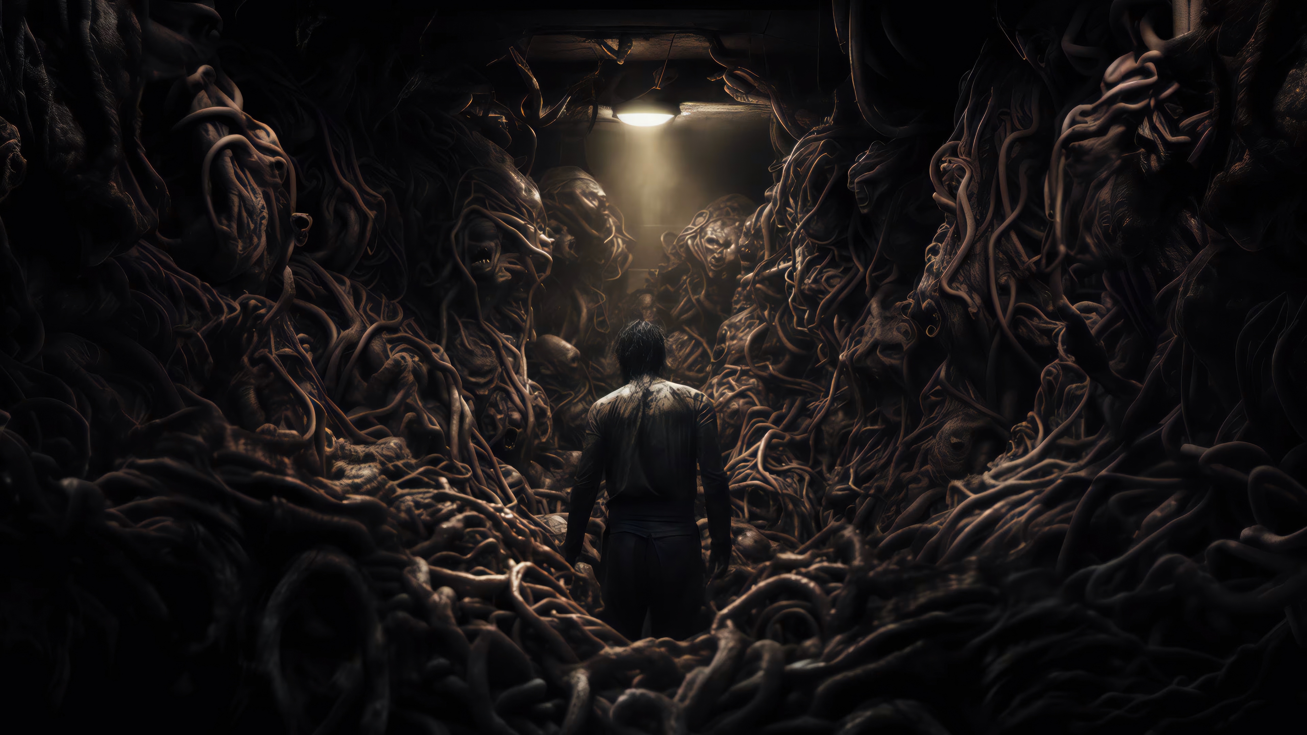 Man surrounded by disturbing, tentacle-like growths HD Wallpaper