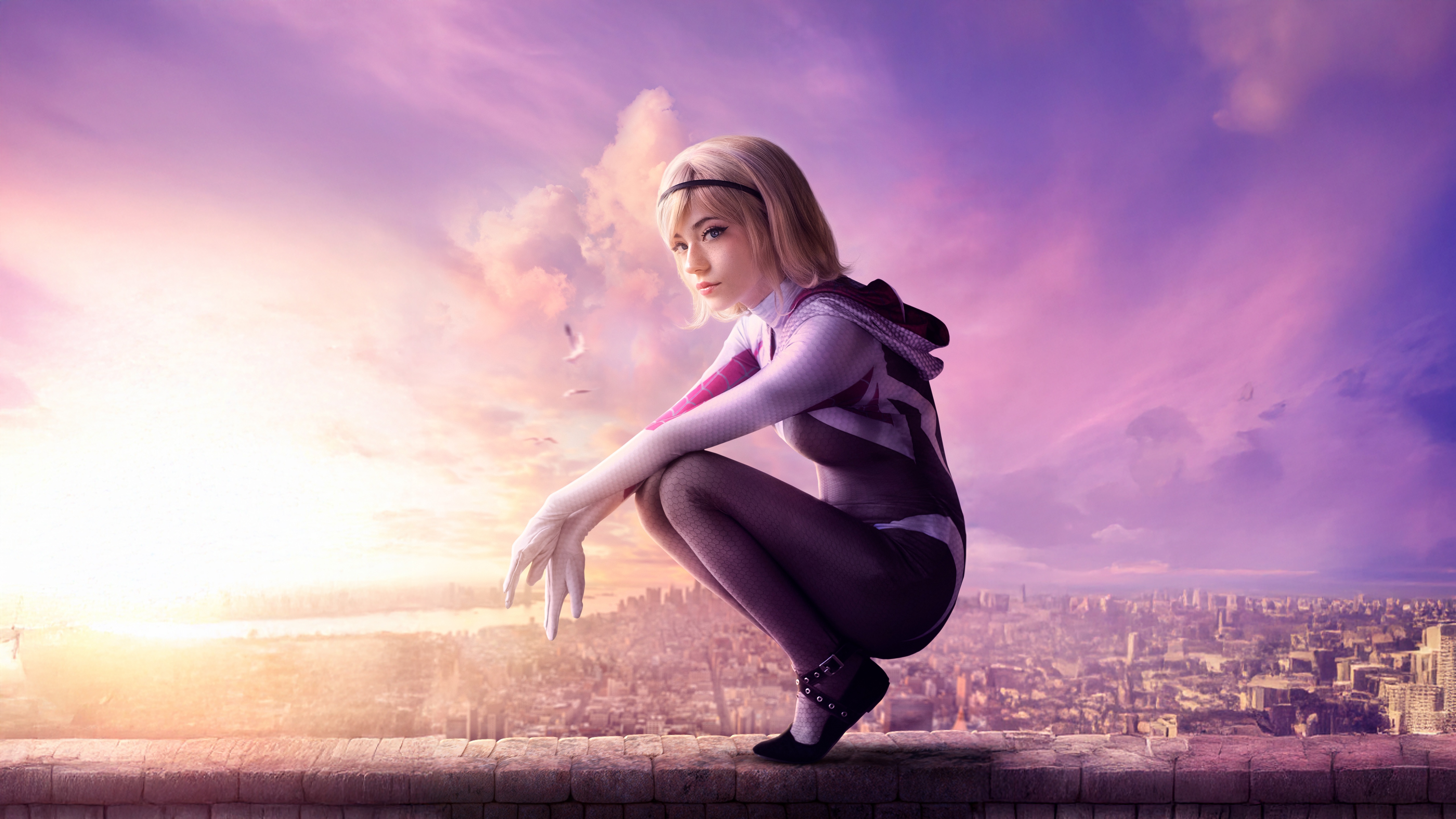 Gwen Stacy posing on a rooftop at sunset HD Wallpaper