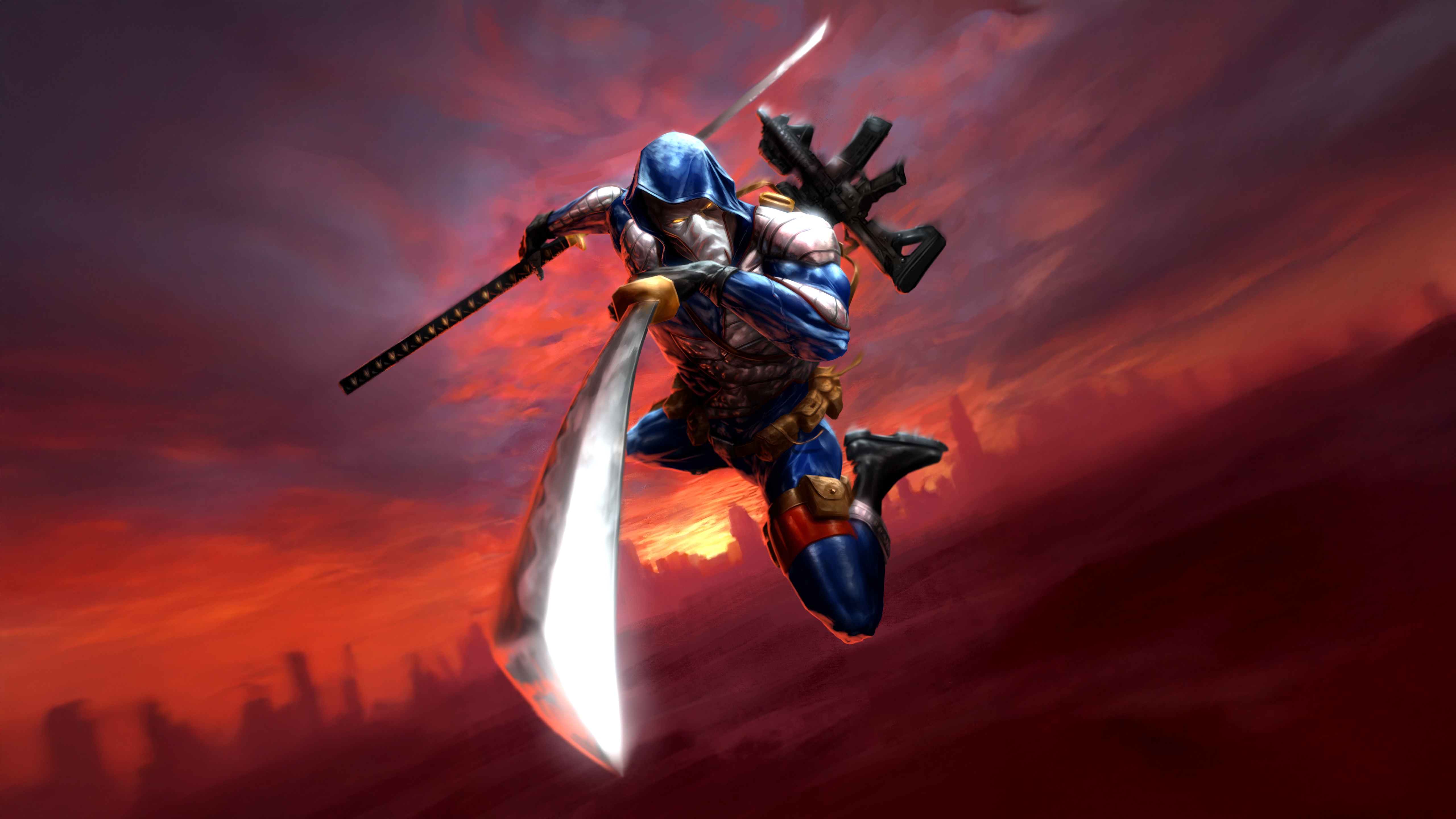 Assassin with swords and rifle against red sky HD Wallpaper