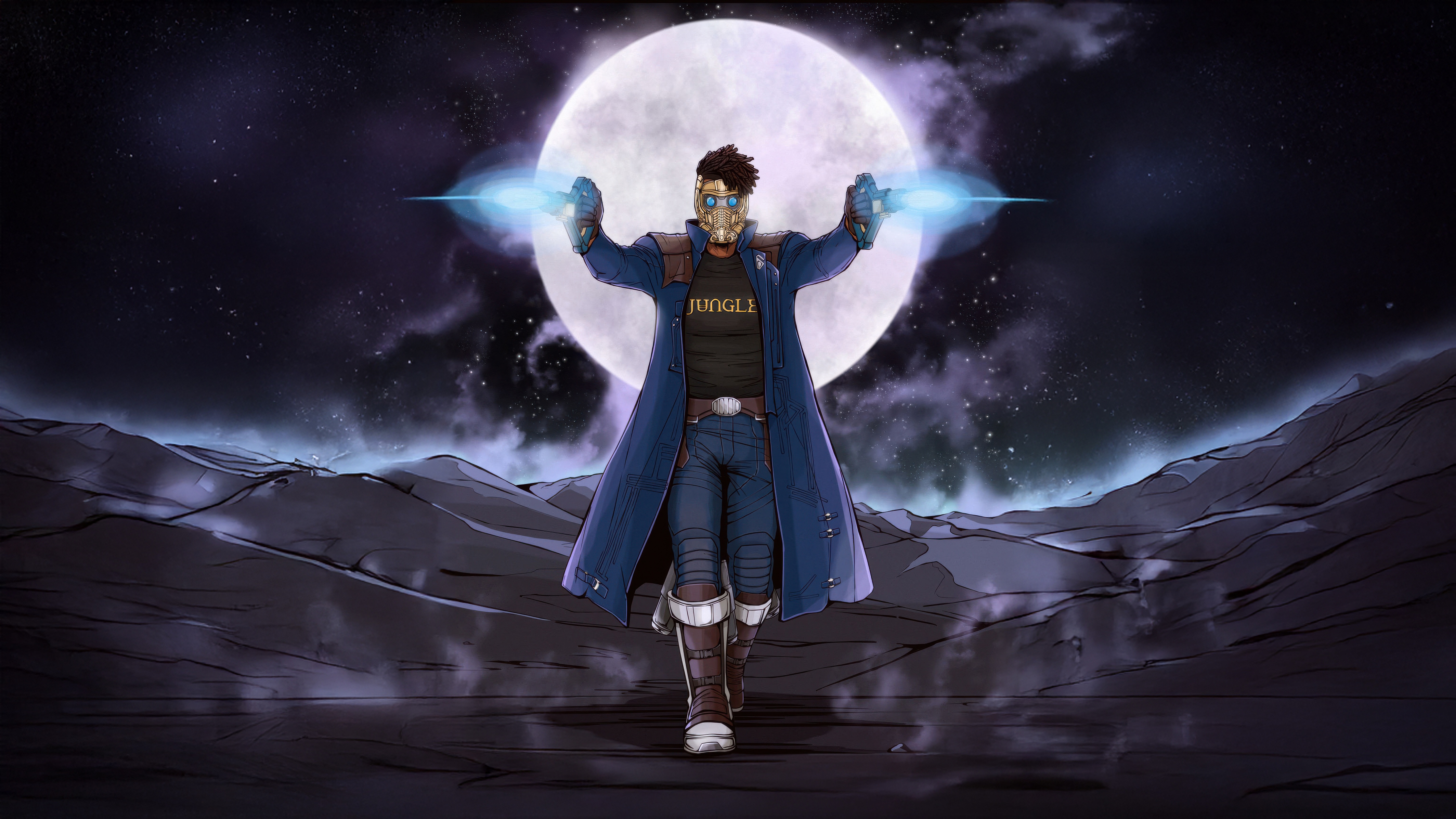 Star Lord with glowing guns under a full moon HD Wallpaper