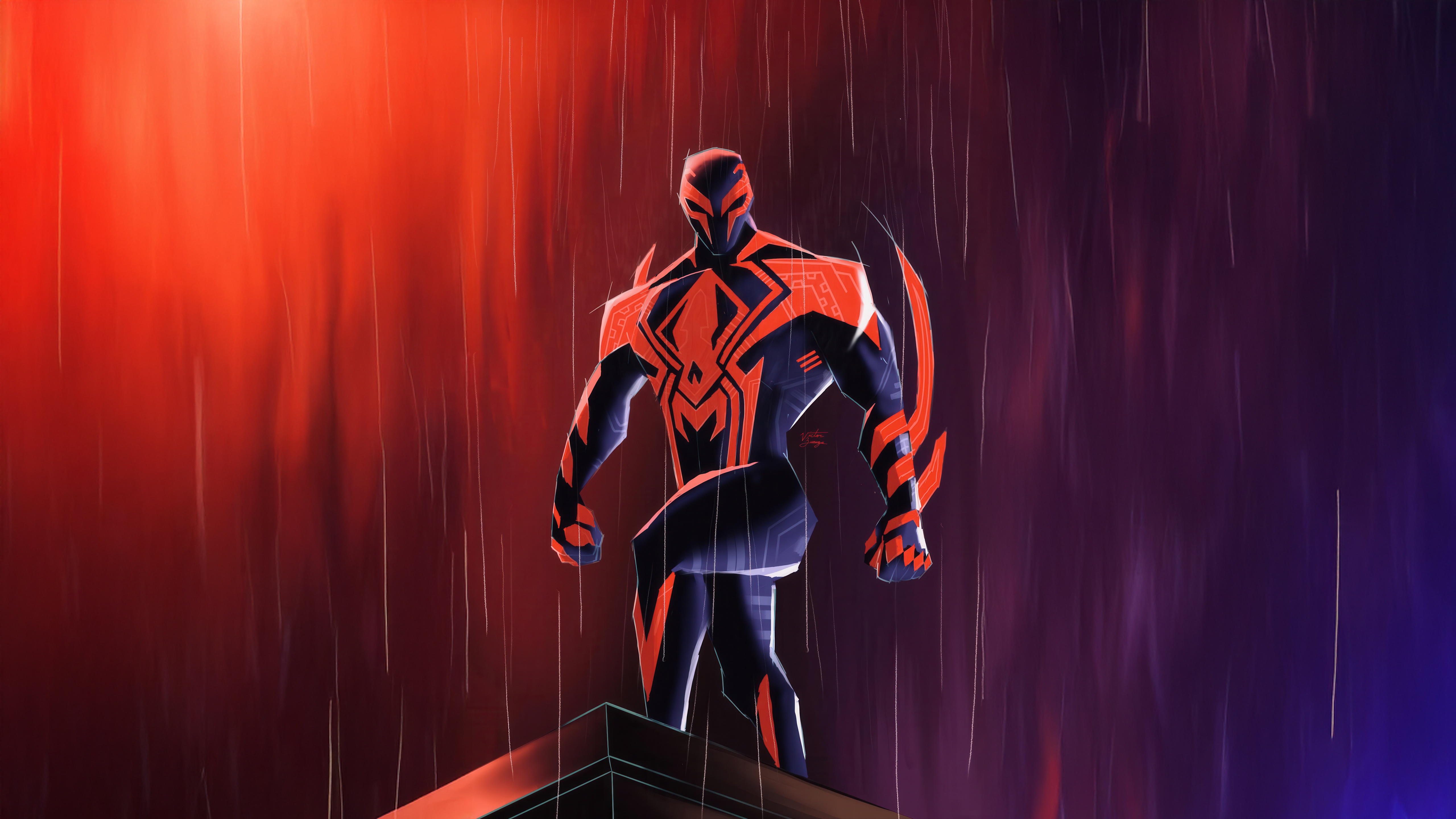 Spider-Man 2099 standing on a rooftop in the rain HD Wallpaper