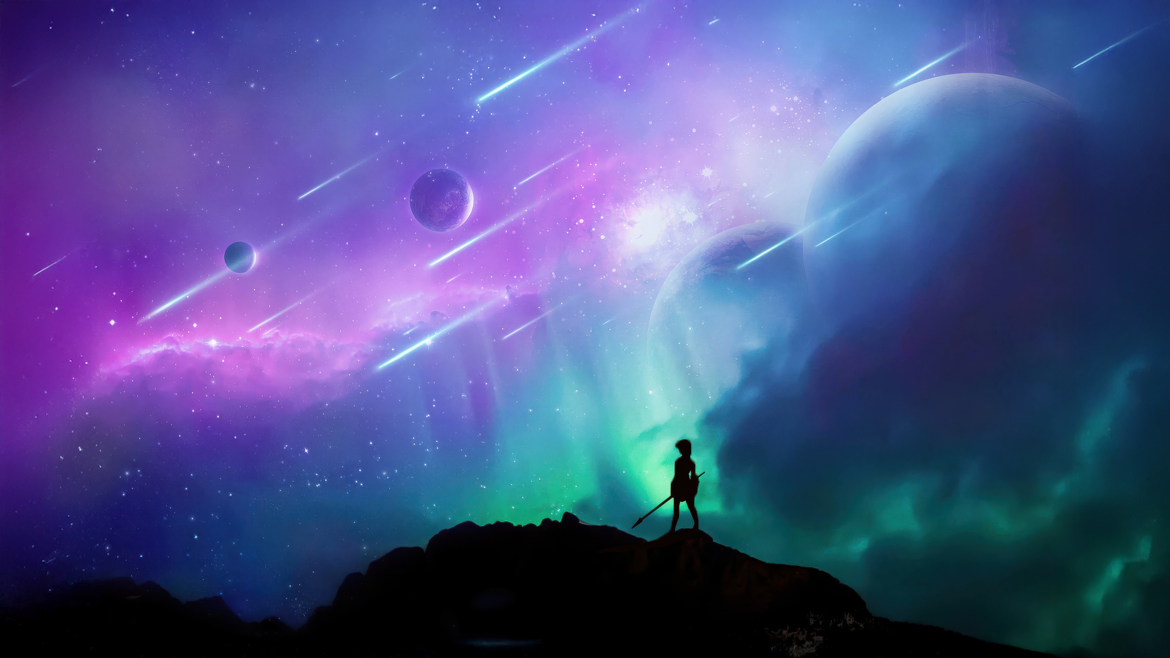 Warrior Standing on Rocky Outcrop Under Nebula HD Wallpaper