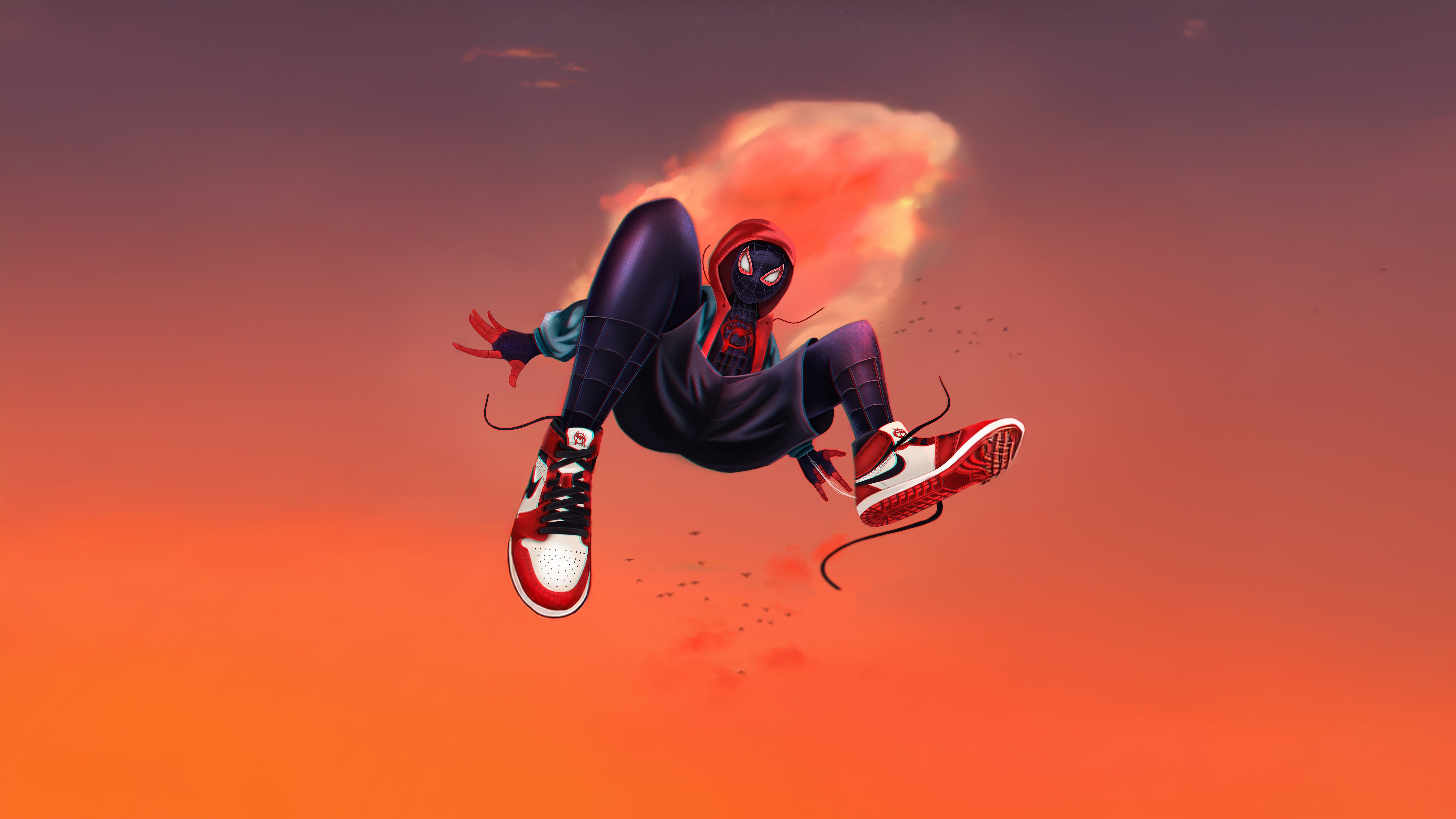 Miles Morales in a dynamic pose against an orange sky HD Wallpaper
