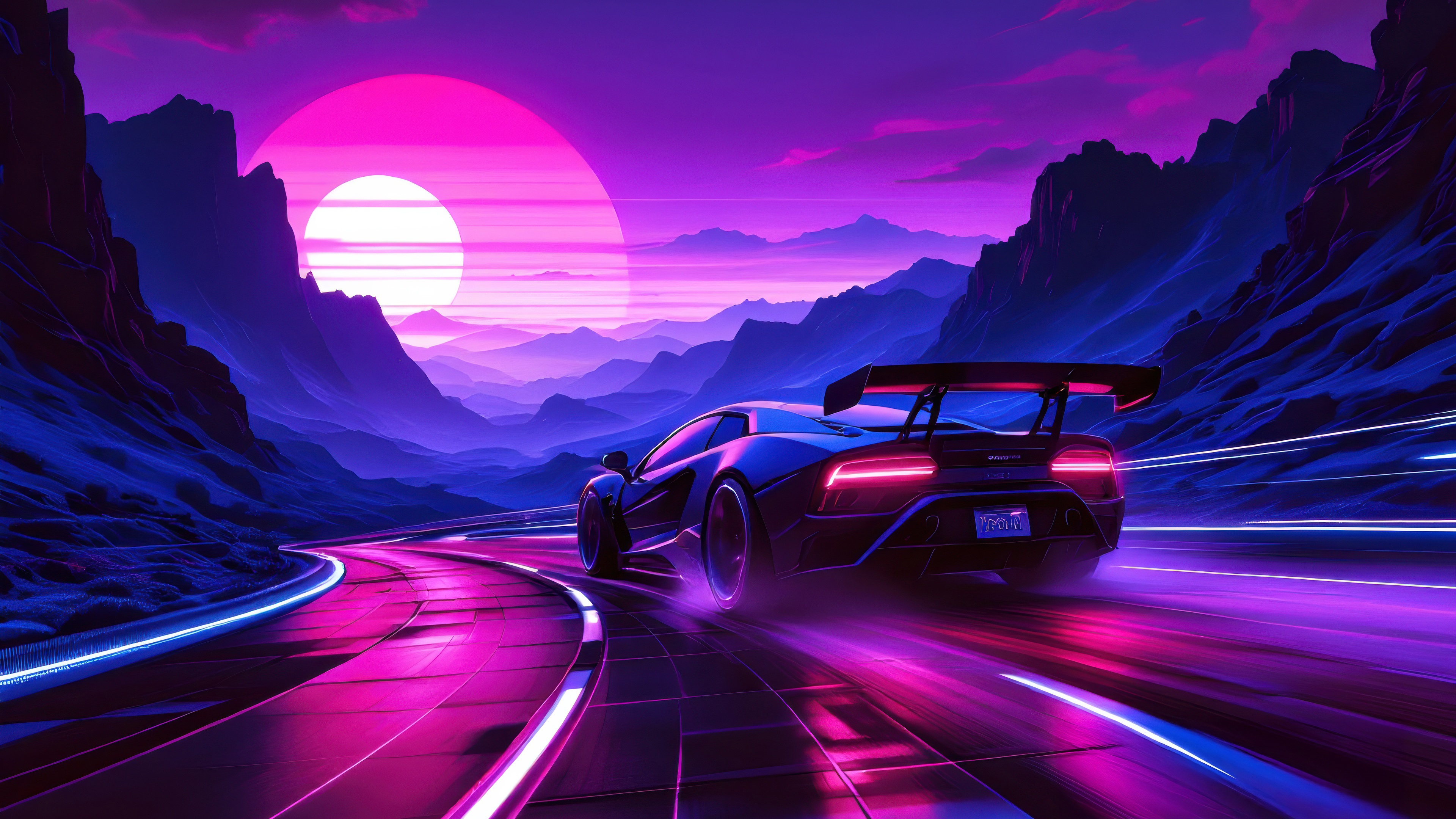 Supercar on a neon road at sunset HD Wallpaper