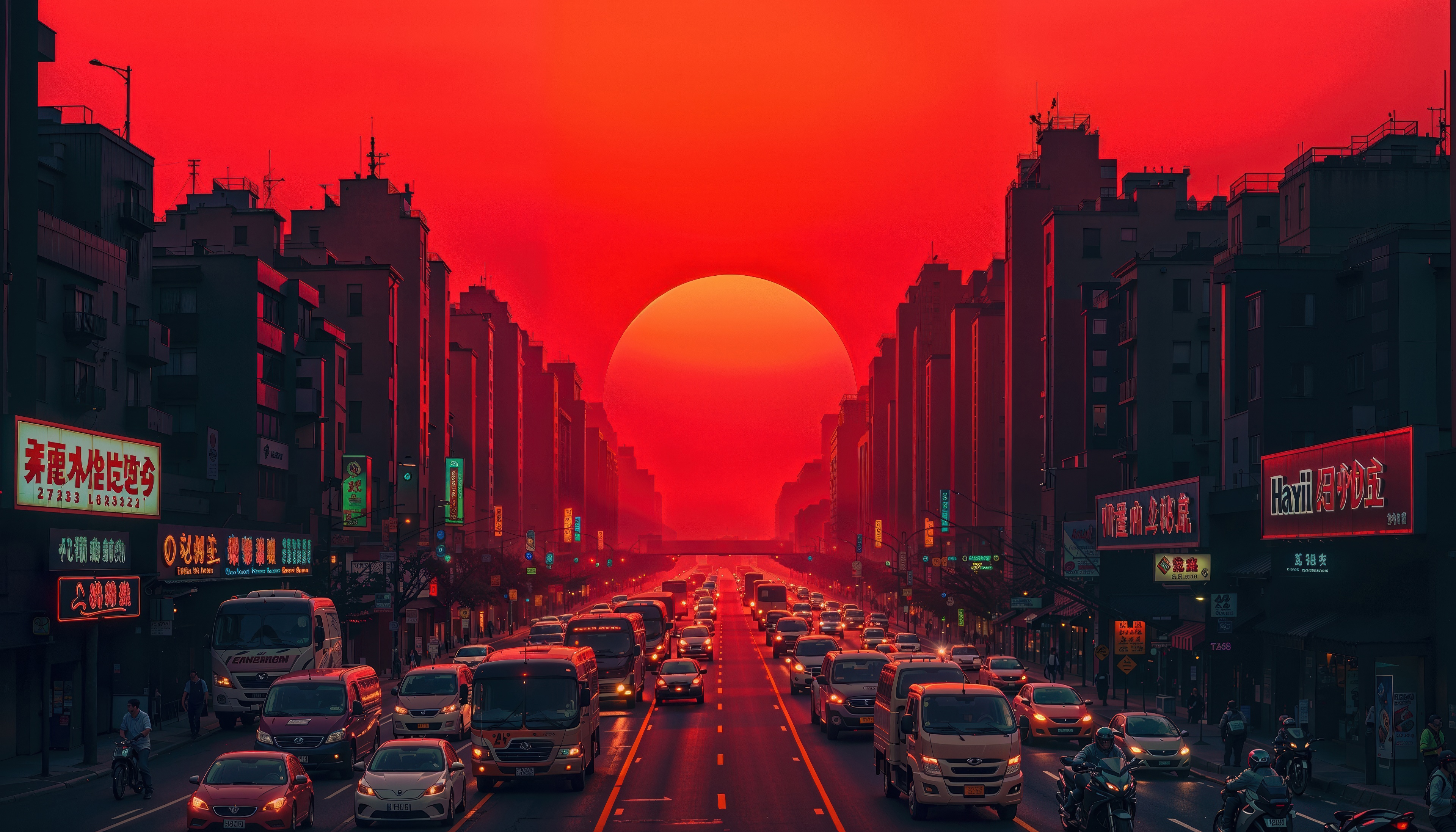 City traffic under a large red sun HD Wallpaper