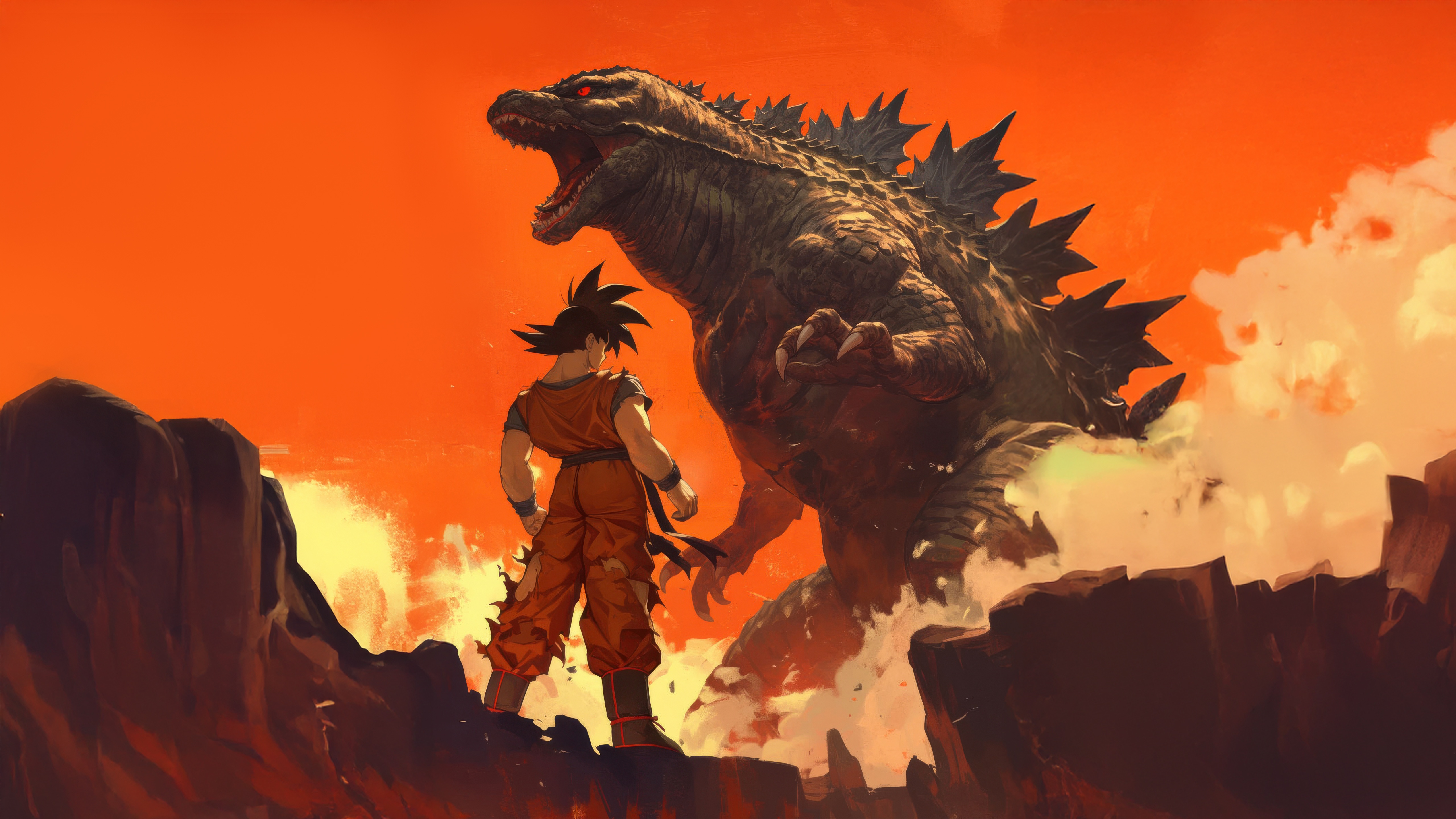 Goku faces Godzilla in a fiery landscape HD Wallpaper