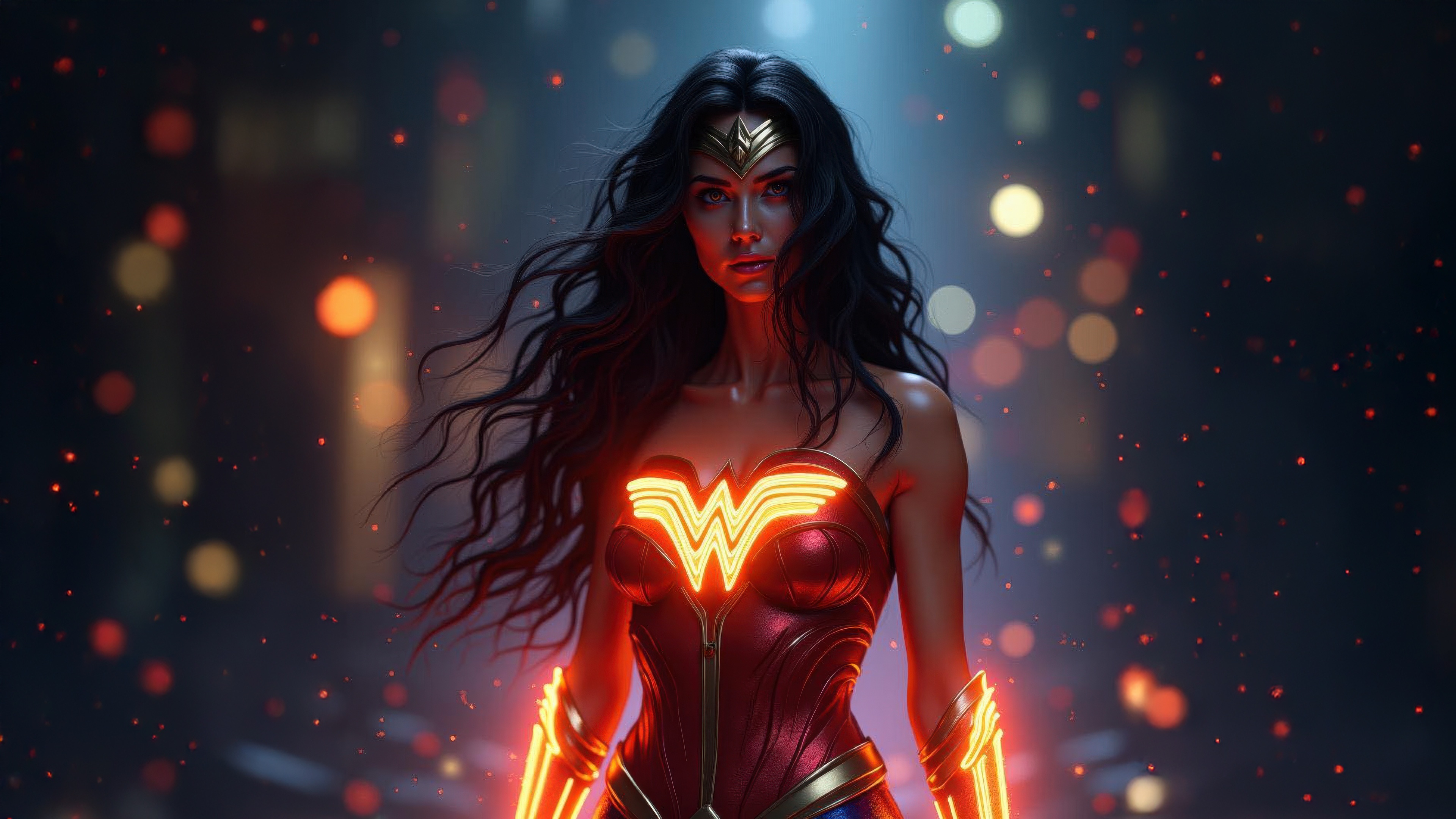 Wonder Woman with glowing costume and tiara HD Wallpaper