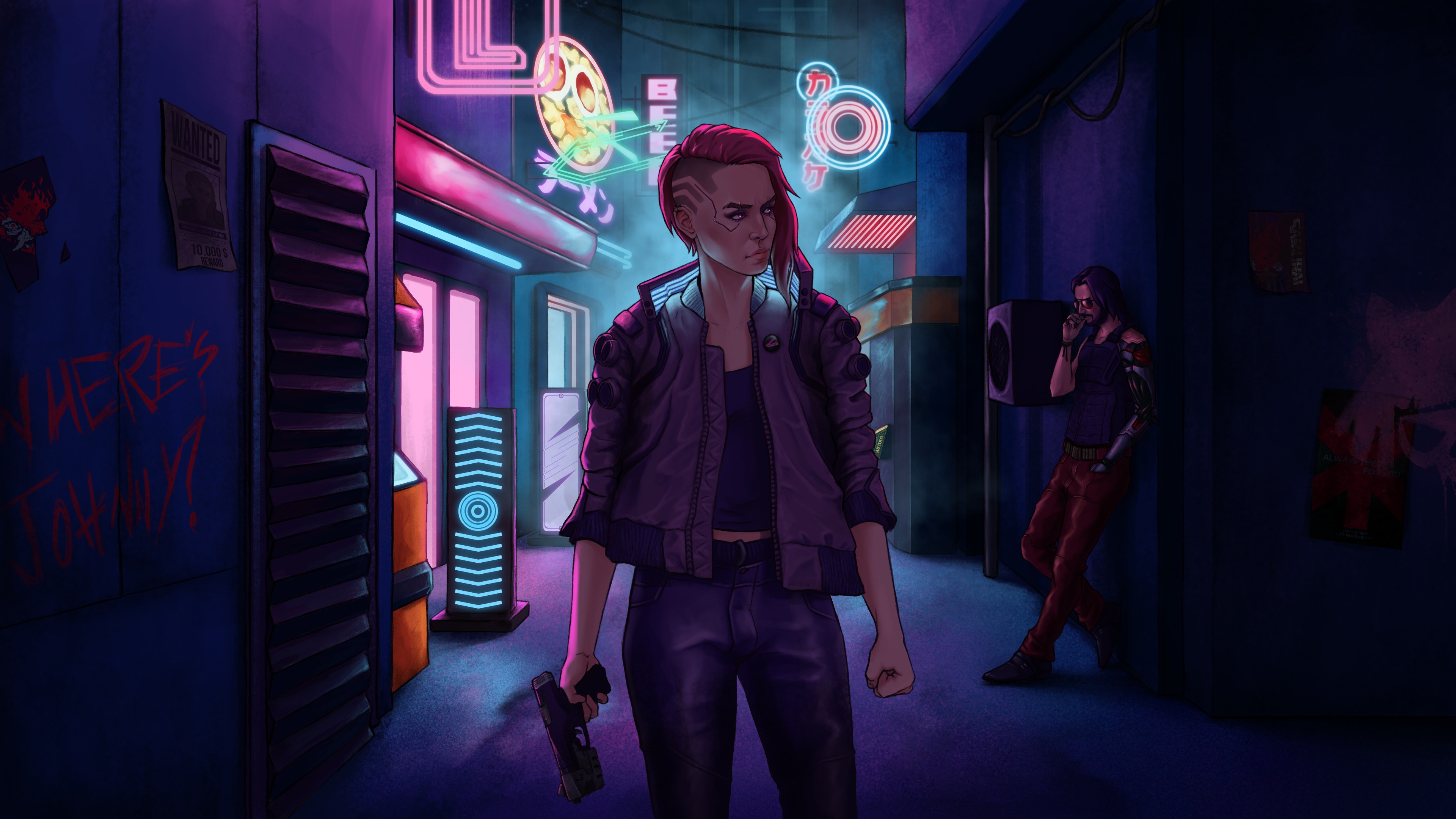 V and Johnny in Cyberpunk 2077 alley HD Wallpaper