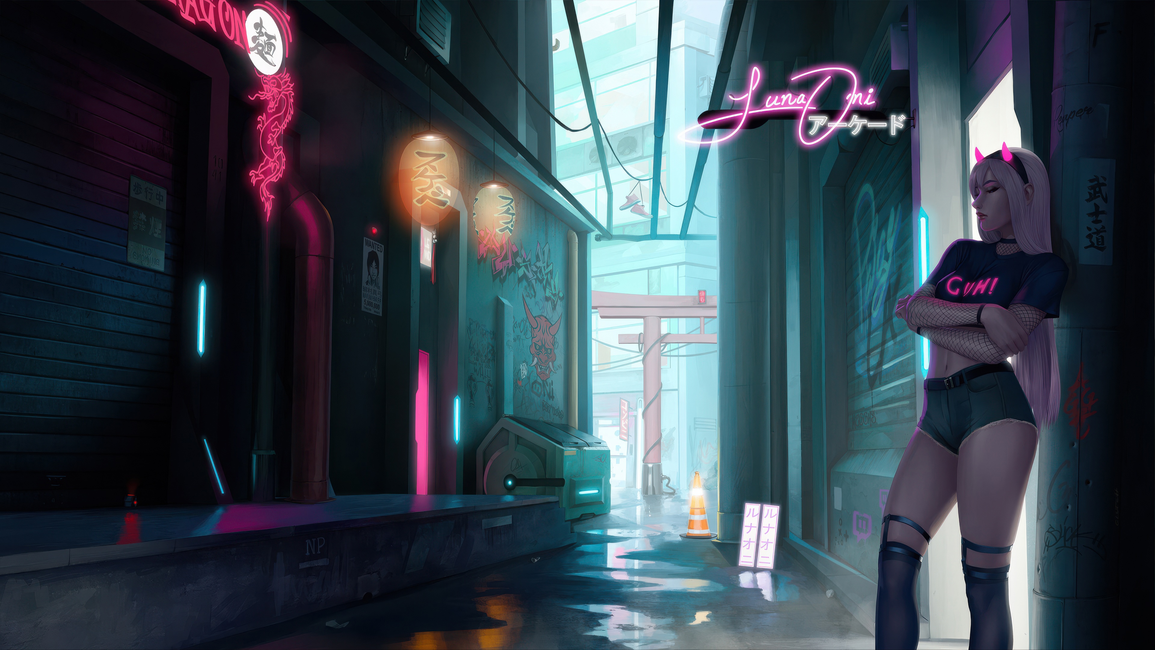 Girl in cyberpunk alley with neon signs HD Wallpaper
