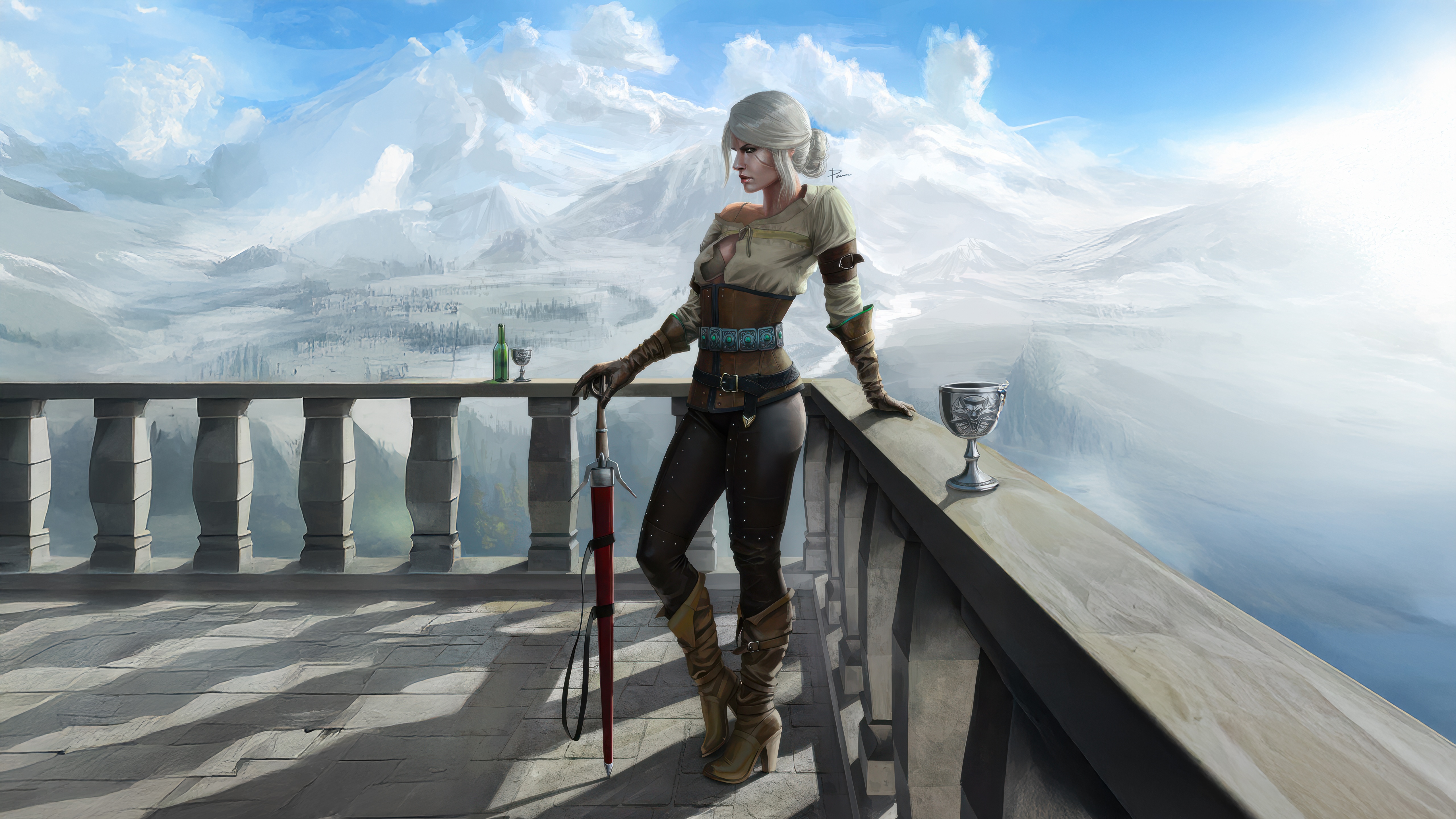 Ciri from The Witcher on a balcony with mountains HD Wallpaper