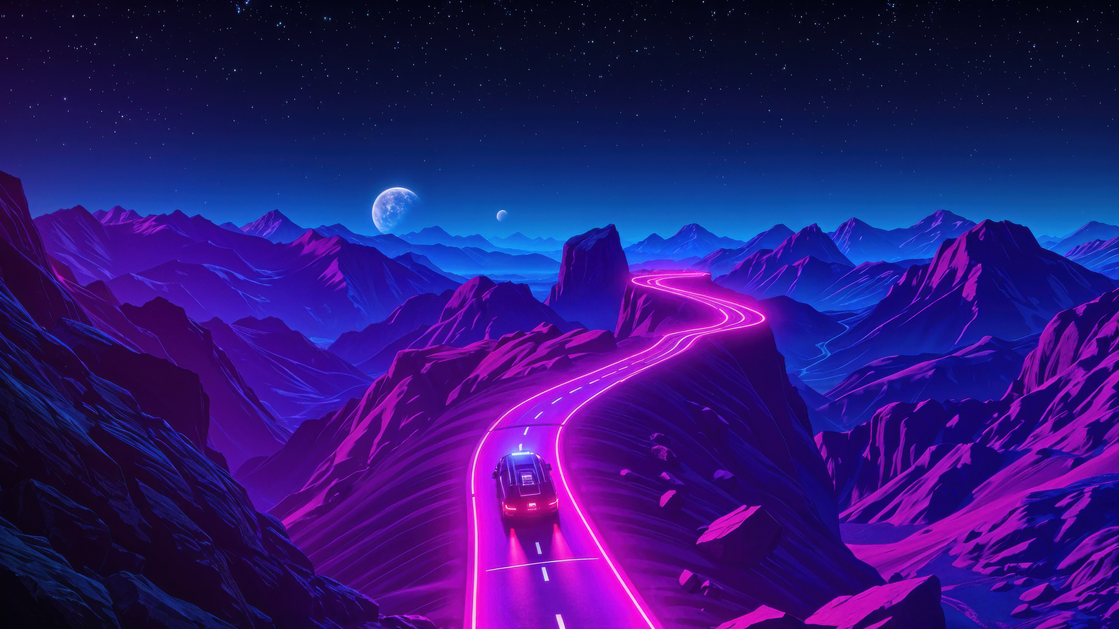 Retrowave Mountain Drive with Neon Road HD Wallpaper