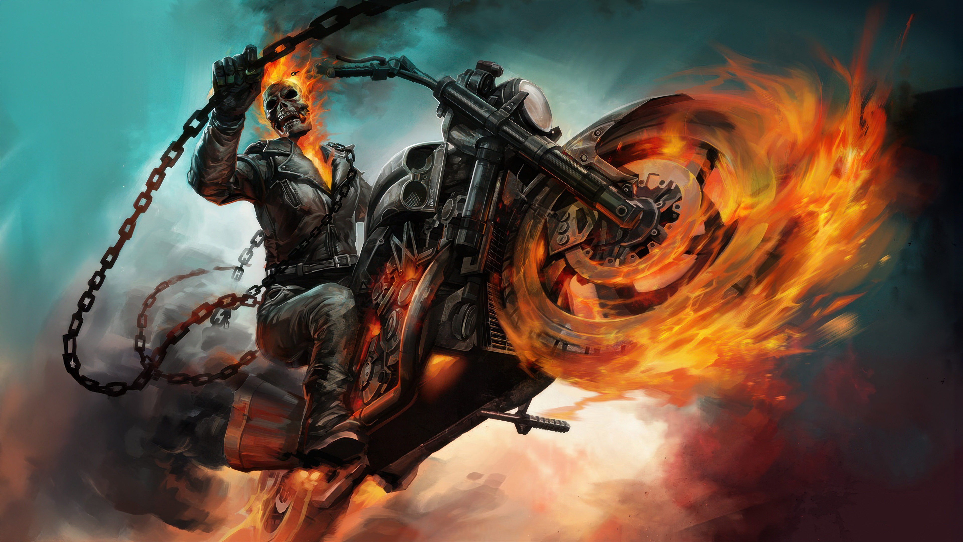 Ghost Rider on a flaming motorcycle HD Wallpaper
