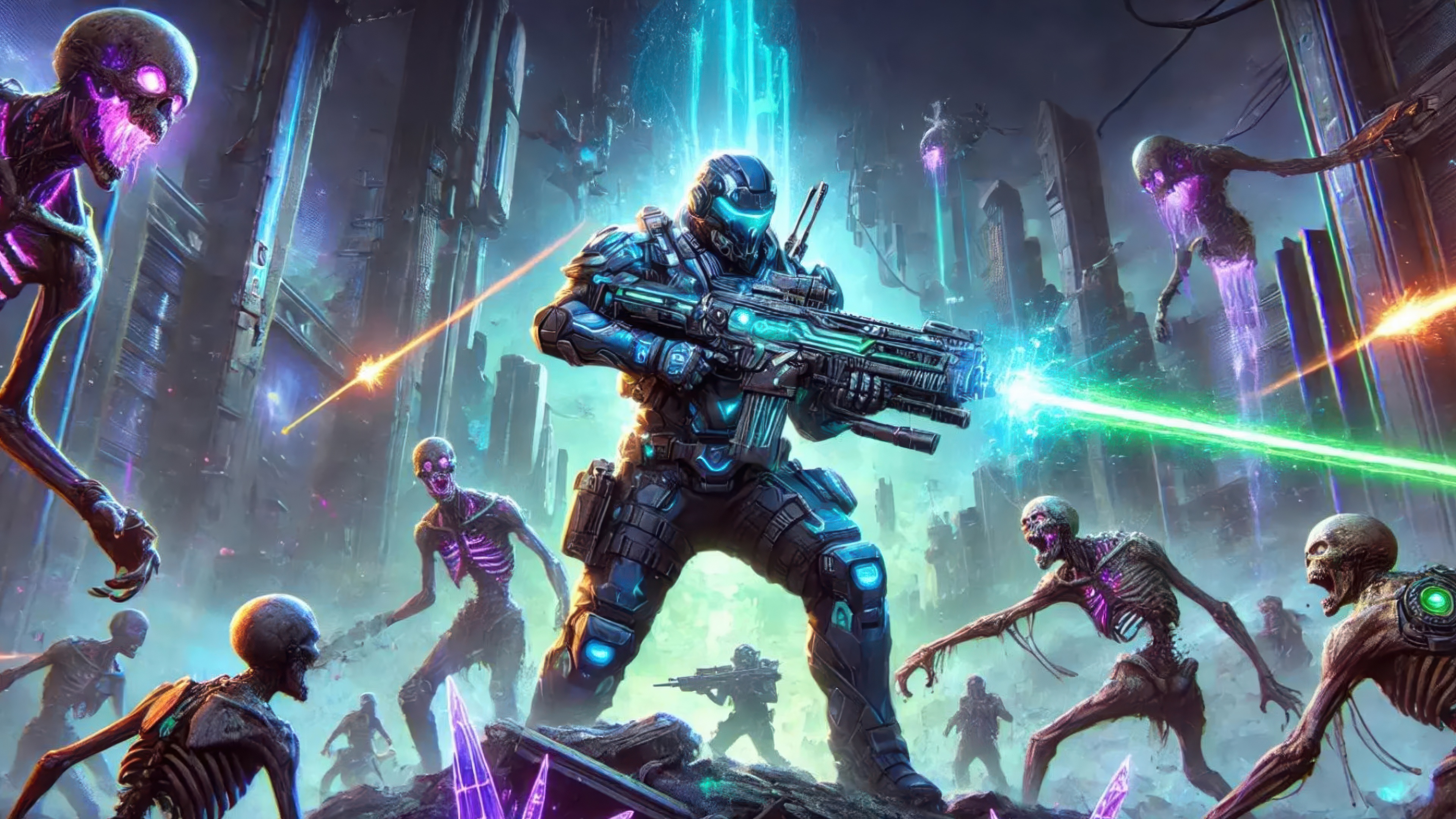 Zombie Strike Force in Futuristic City Battle HD Wallpaper