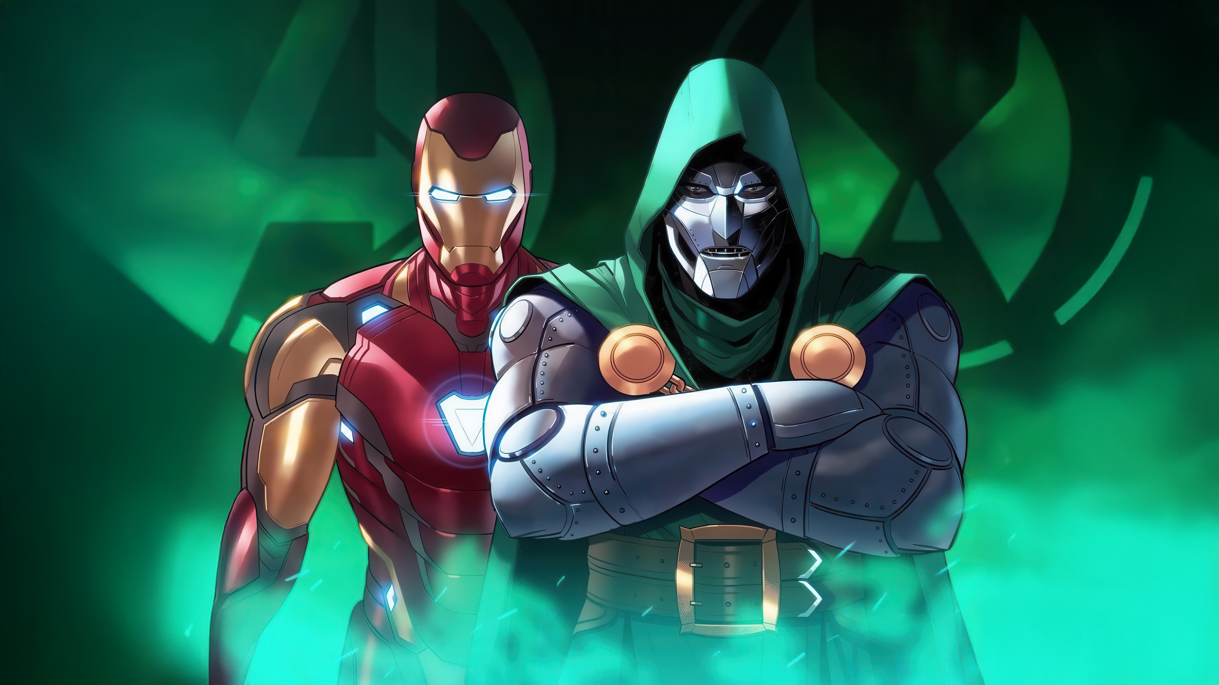 Iron Man and Doctor Doom with Avengers logo HD Wallpaper