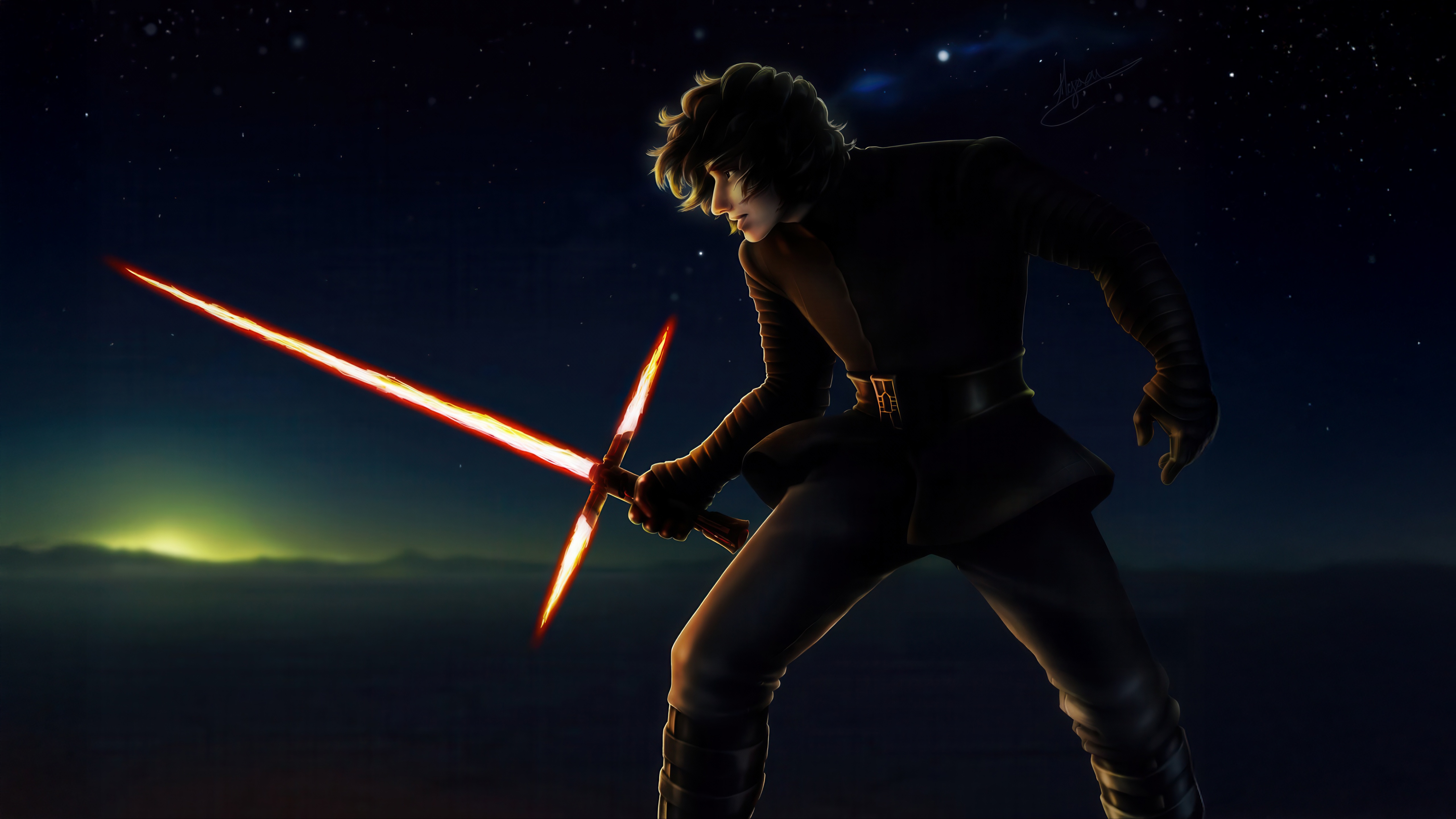 Kylo Ren with Lightsaber Under Starry Sky HD Wallpaper