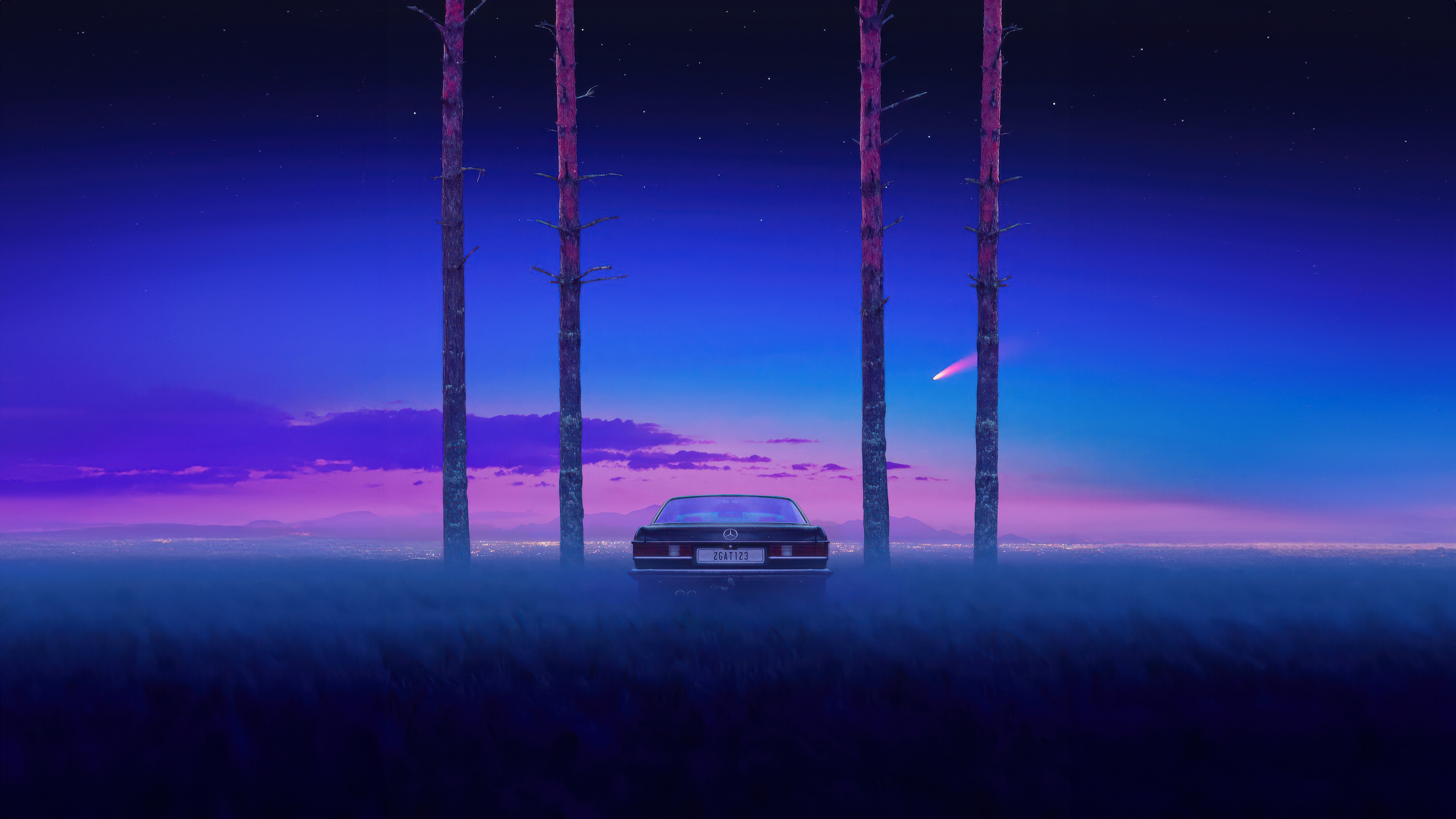 Lone Car In Synthwave Woods HD Wallpaper