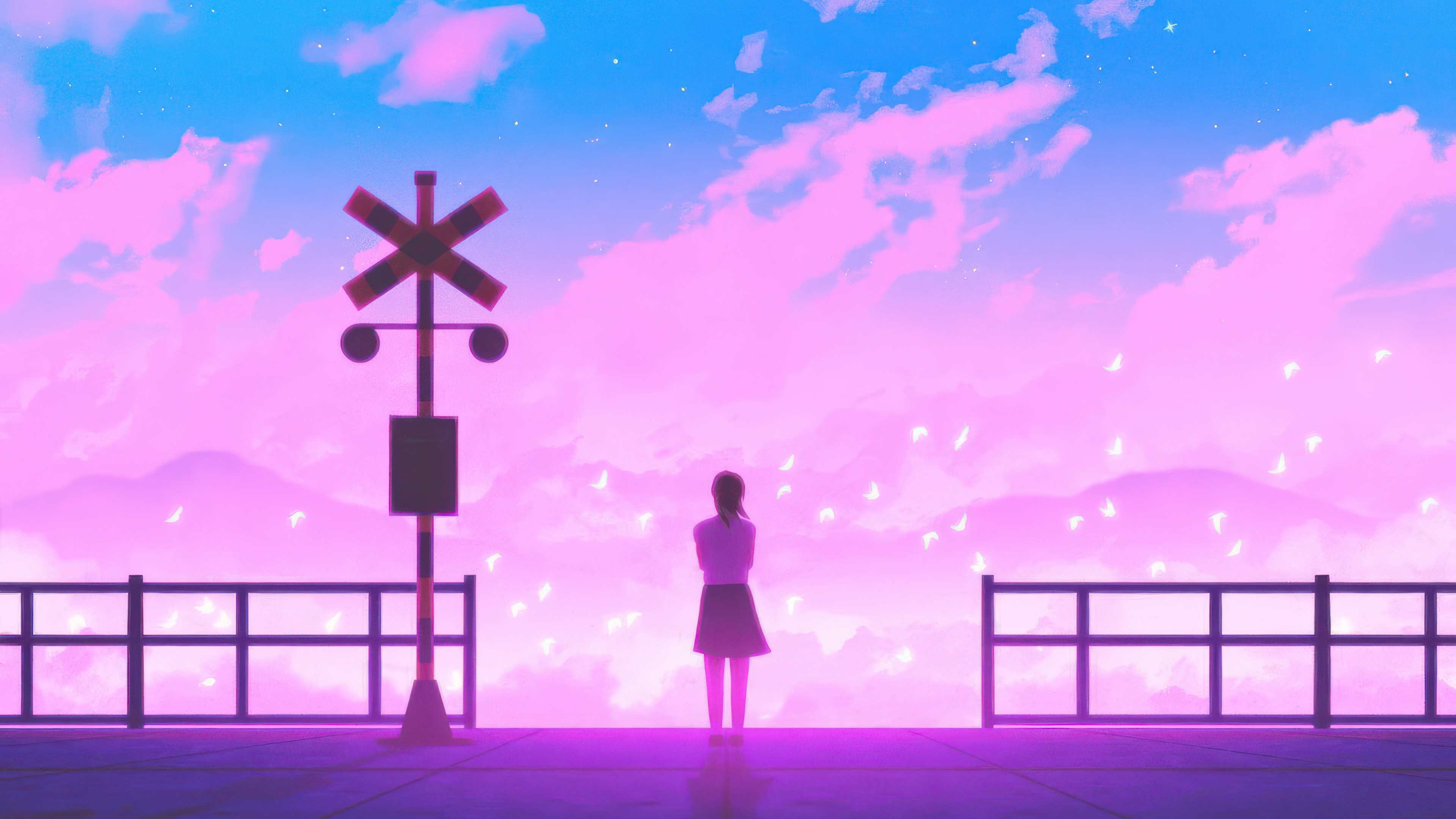 Girl at a railroad crossing at sunset HD Wallpaper