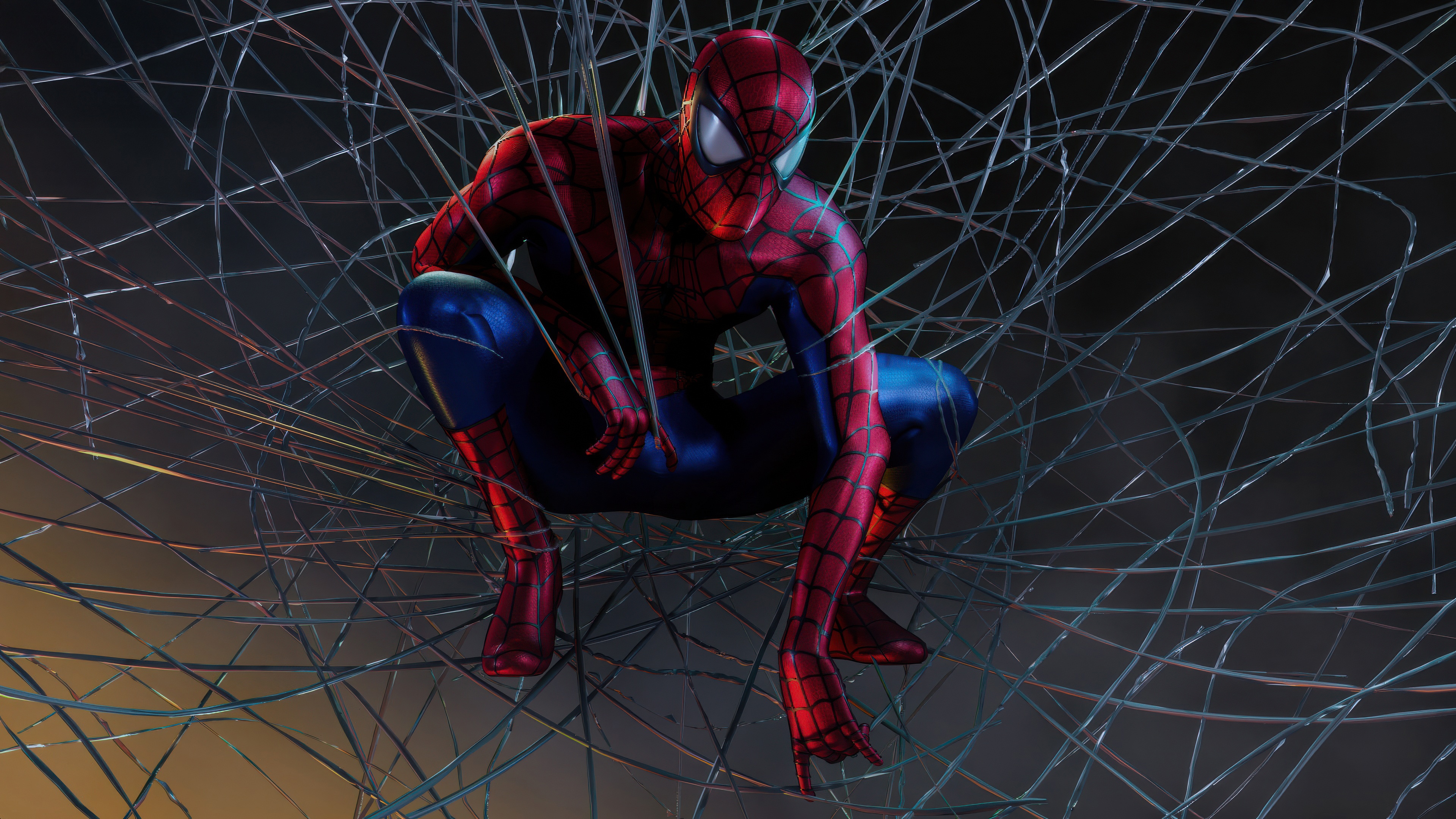 Spider-Man crouches in a web HD Wallpaper
