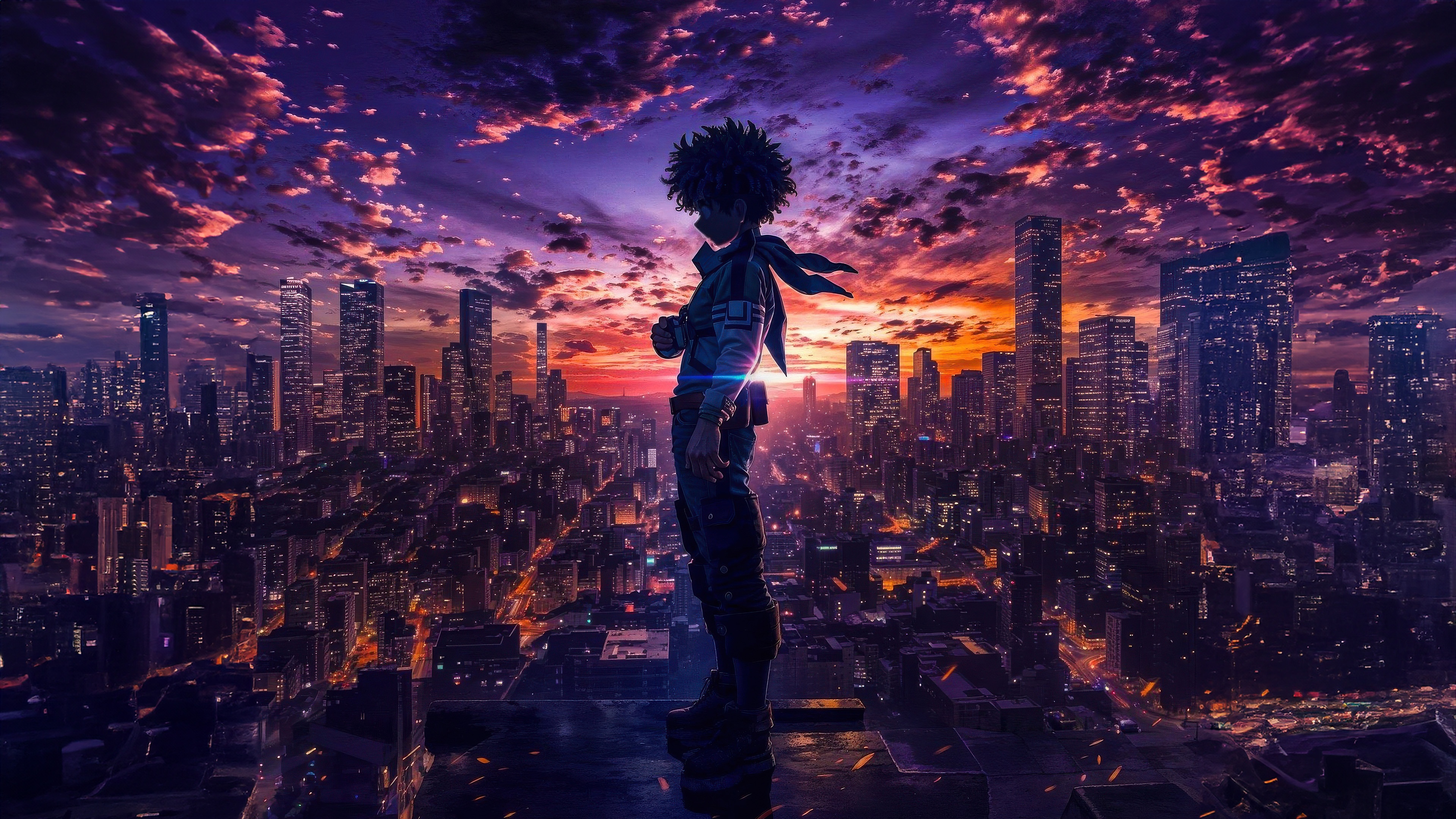 Izuku Midoriya Standing on a Rooftop Overlooking a City at Sunset HD Wallpaper
