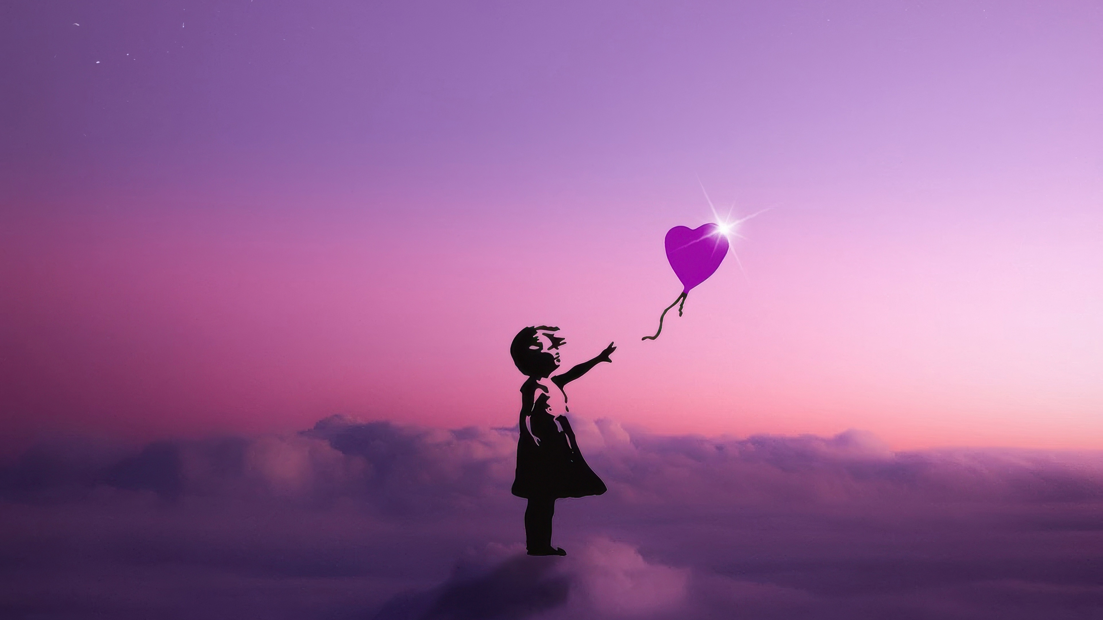 Girl reaching for a heart-shaped balloon in the sky HD Wallpaper