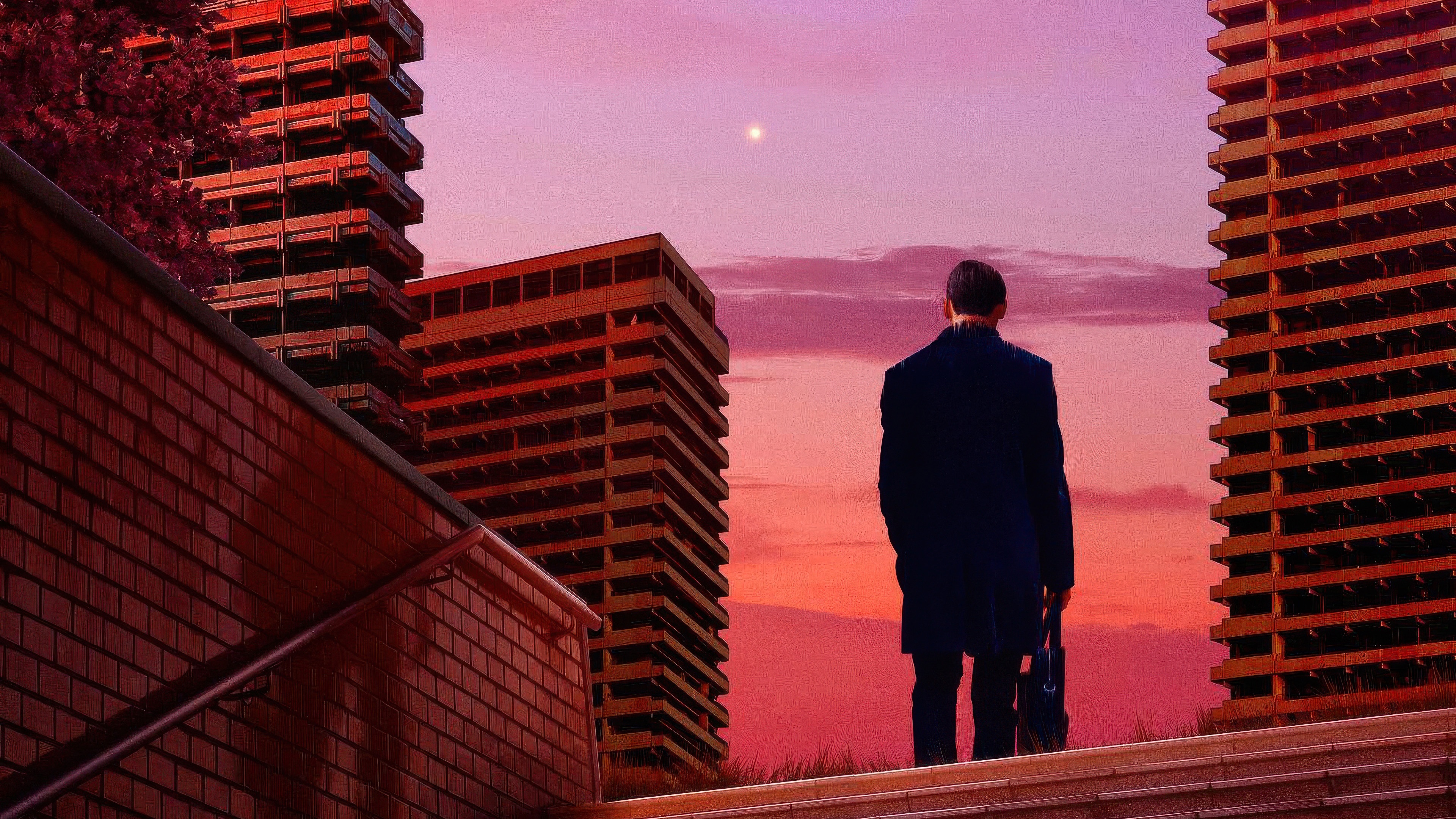 Man in suit looking at city skyline at sunset HD Wallpaper