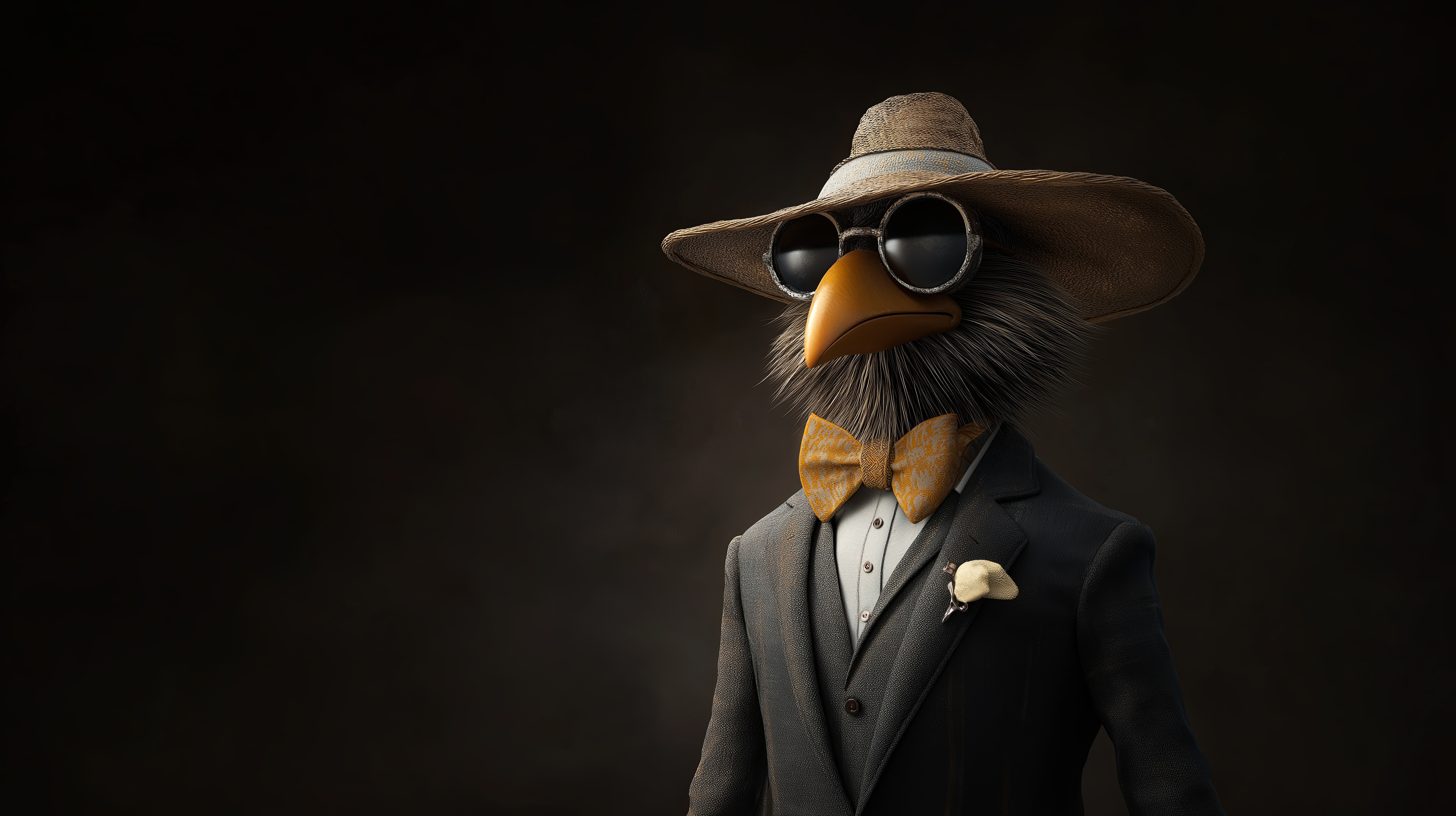 Bird in a suit with a bow tie and hat HD Wallpaper