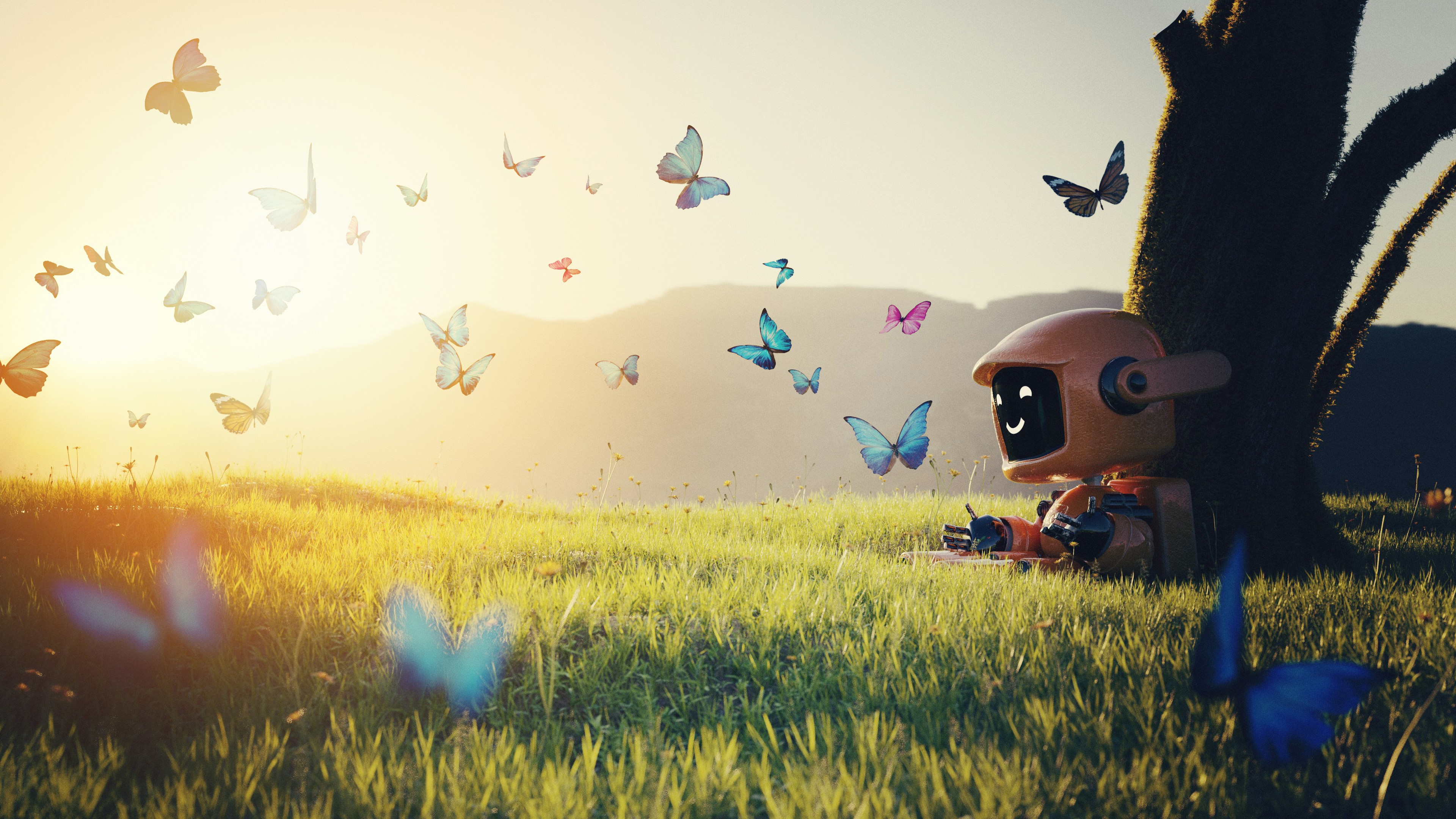 Robot sitting in a field with butterflies HD Wallpaper