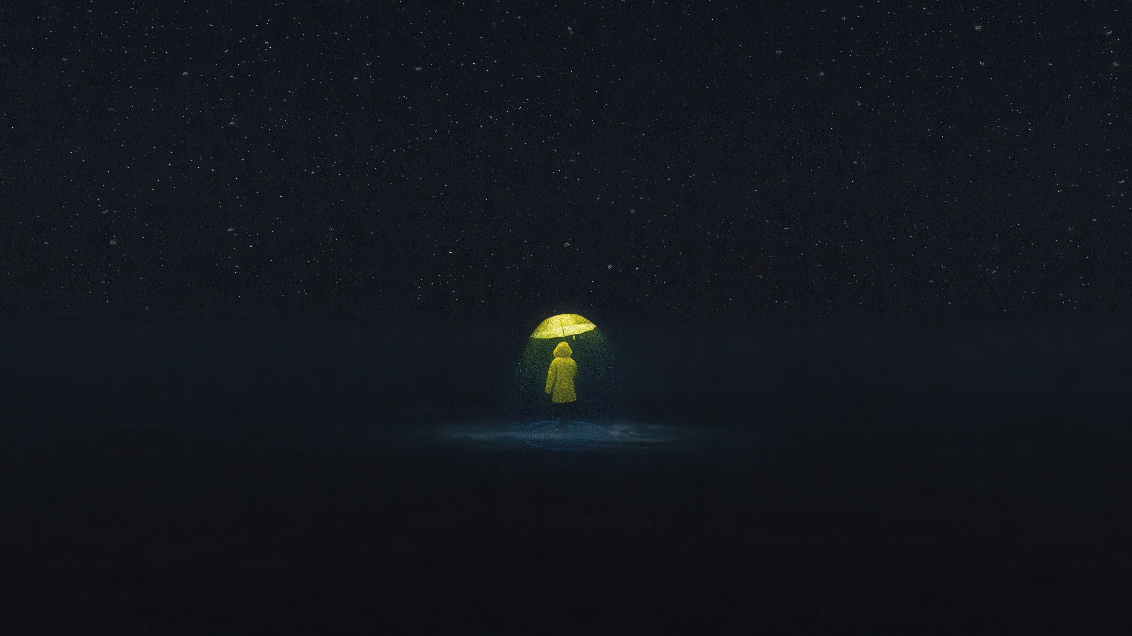 A person in a yellow raincoat holding a yellow umbrella under the stars HD Wallpaper
