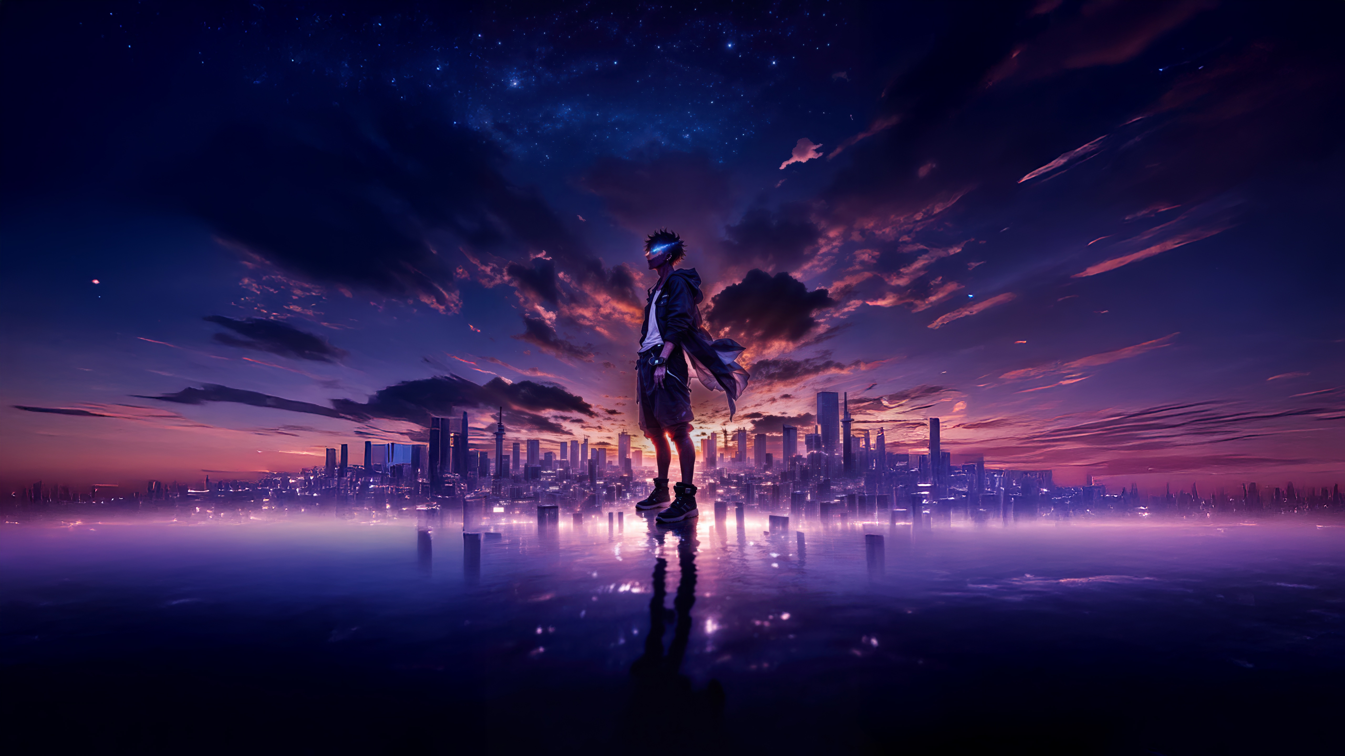 Izuku Midoriya in a futuristic city at sunset HD Wallpaper