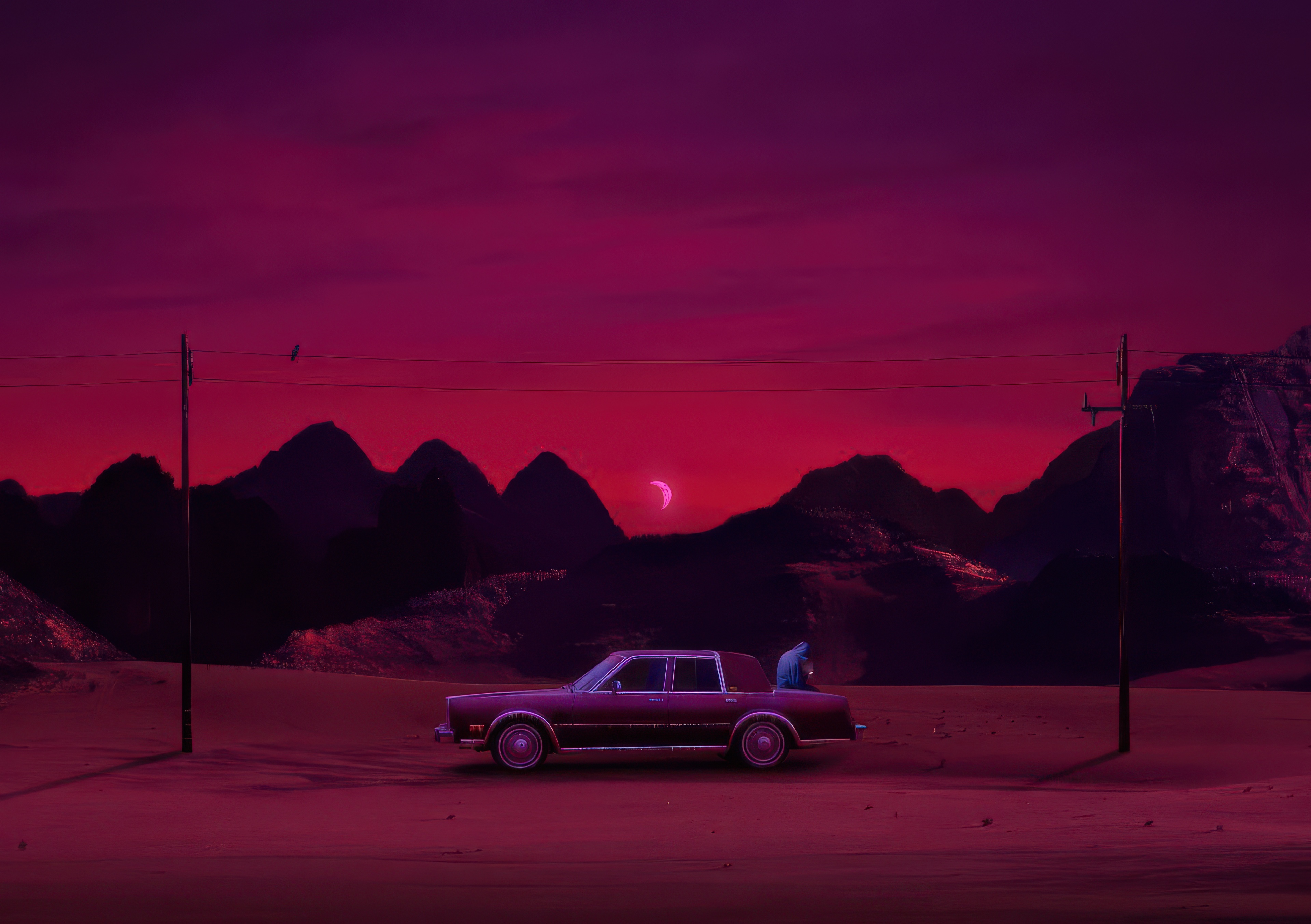 Man Sitting on a Car in a Desert Landscape HD Wallpaper