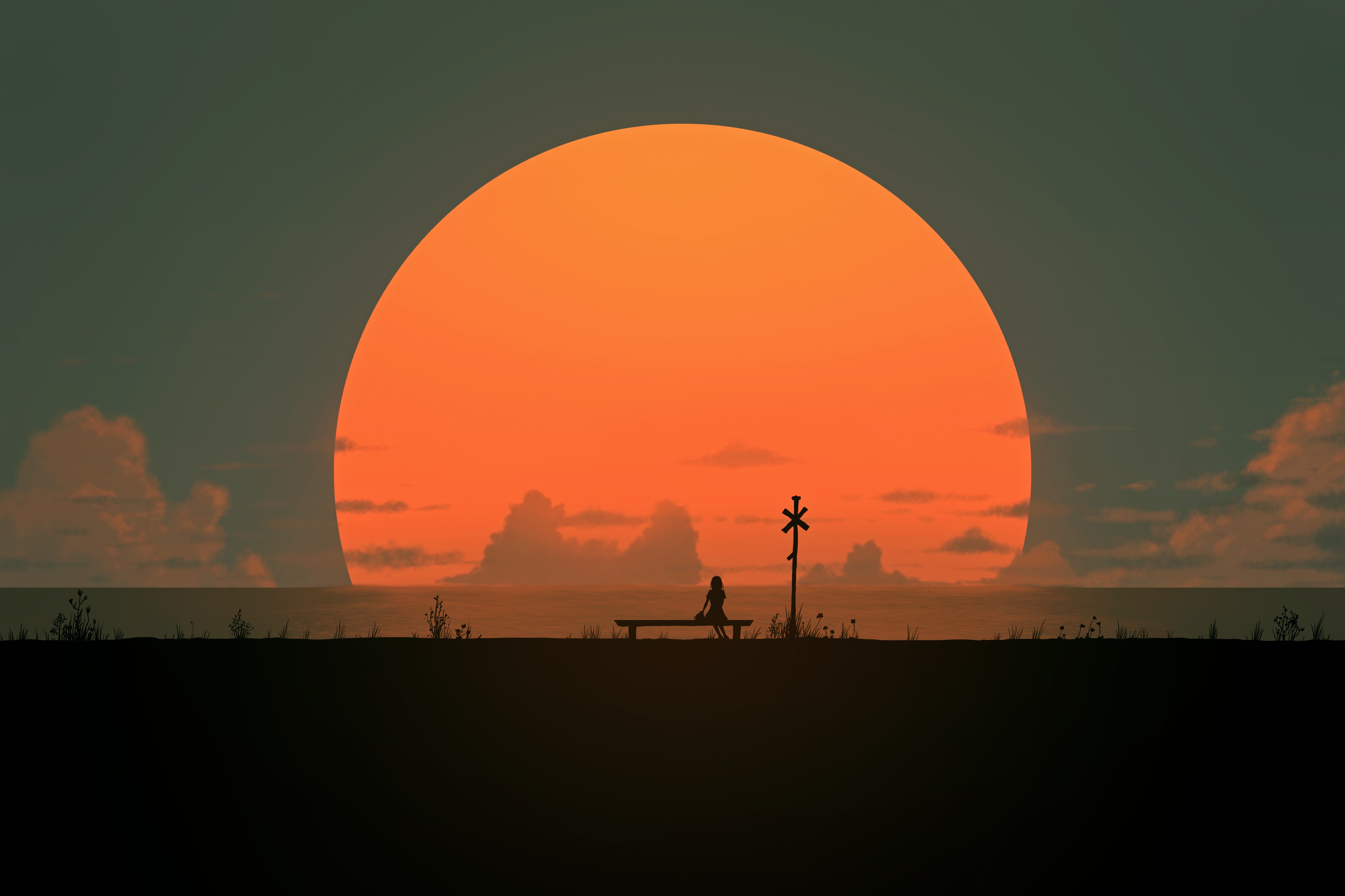 Girl on a bench waiting for a train at sunset HD Wallpaper