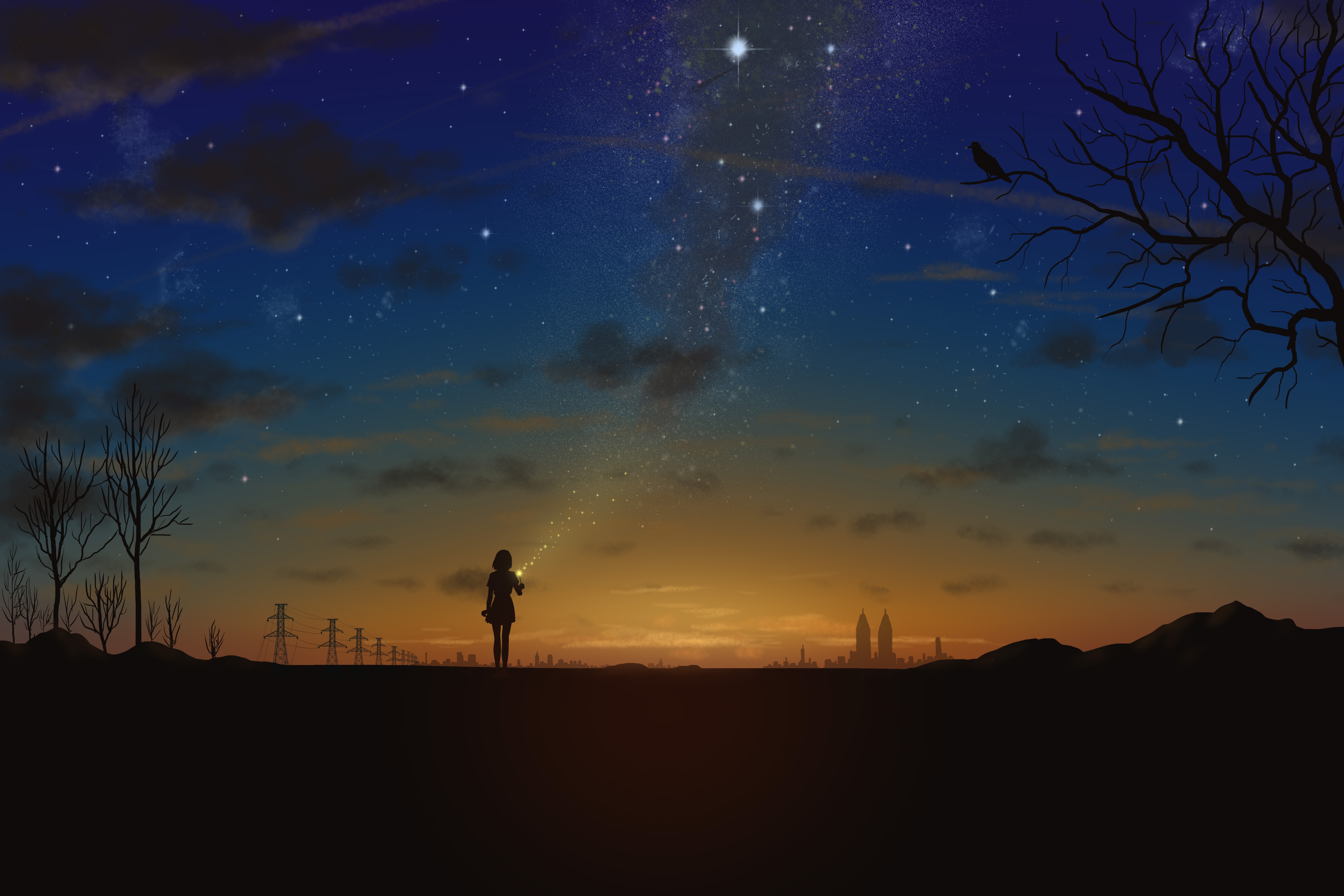 Girl holding light under starry sky HD Wallpaper