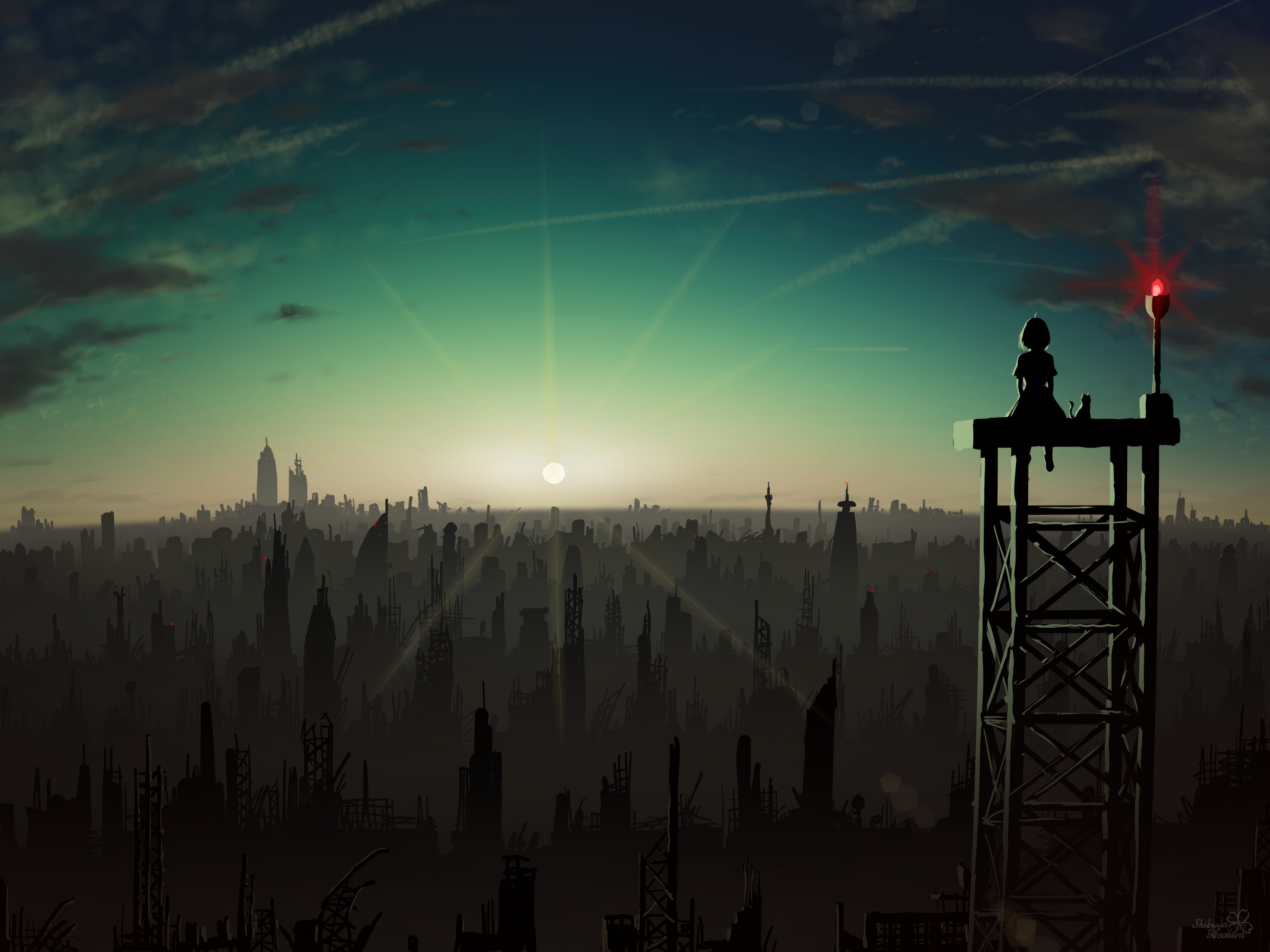 Girl and cat on tower overlooking ruined city at sunset HD Wallpaper