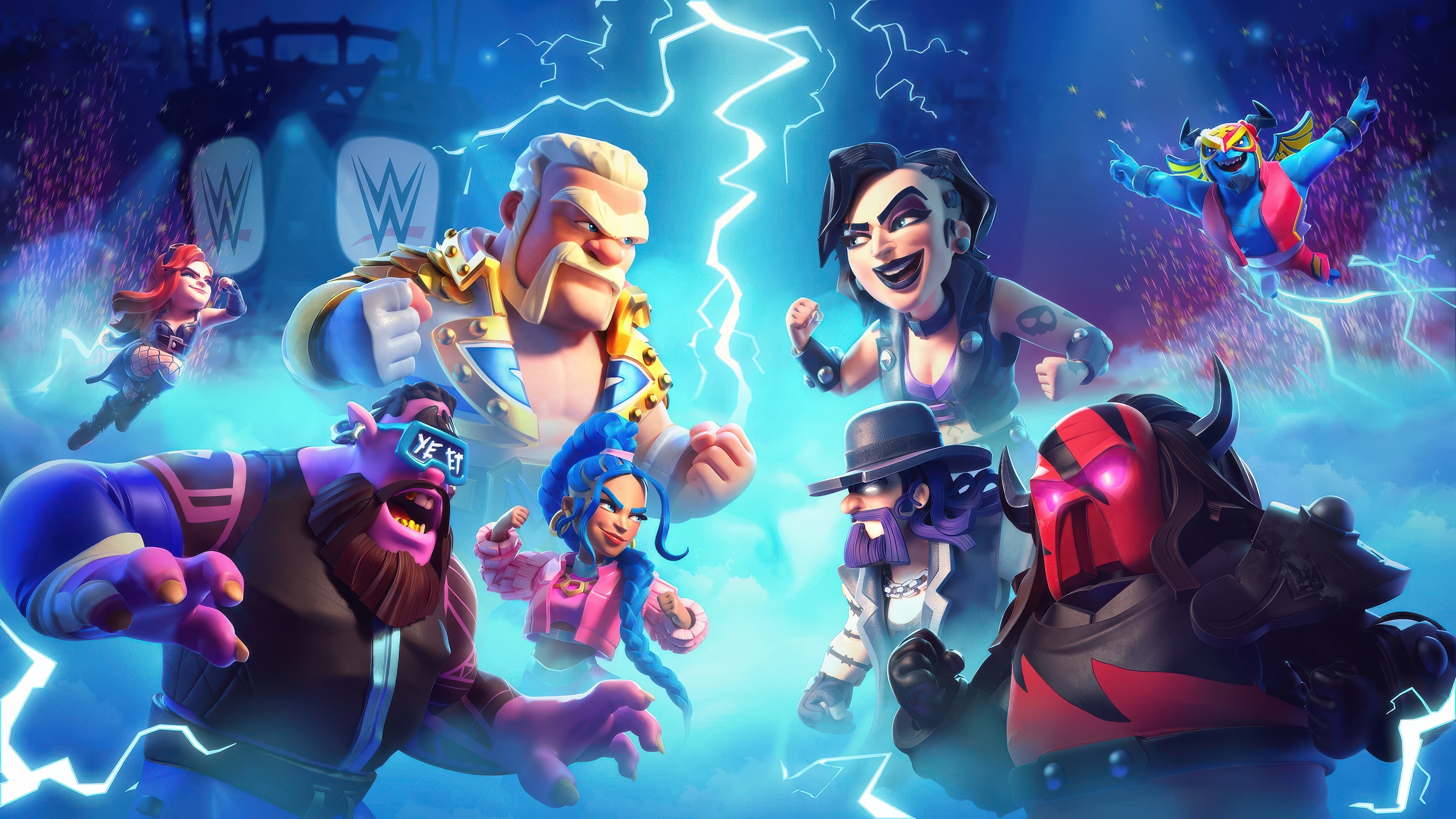 WWE Clash of Clans characters in a lightning-filled arena HD Wallpaper