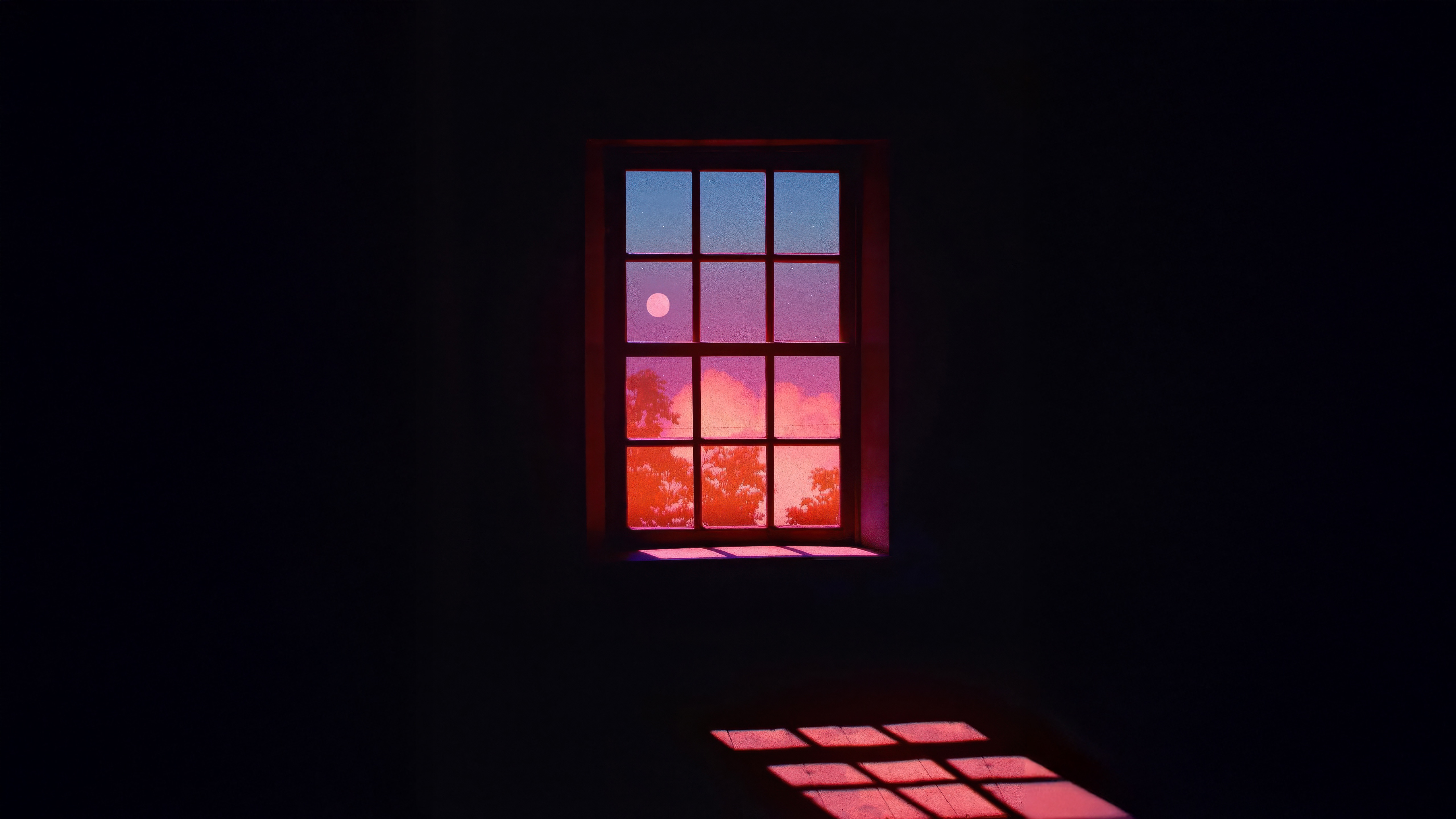 Window View of Sunset Sky with Moon and Trees HD Wallpaper