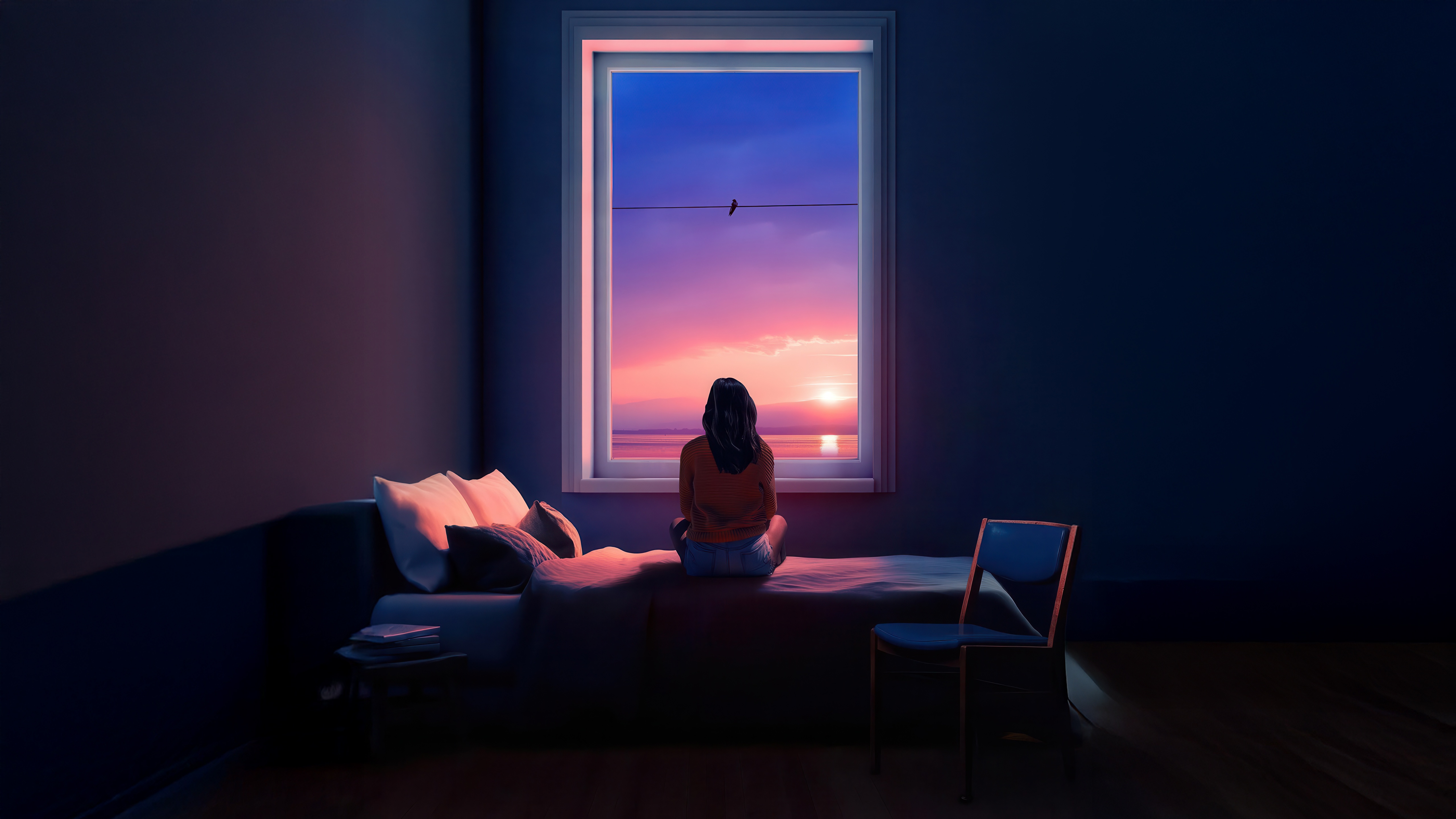 Girl sitting on bed looking out window at sunset HD Wallpaper