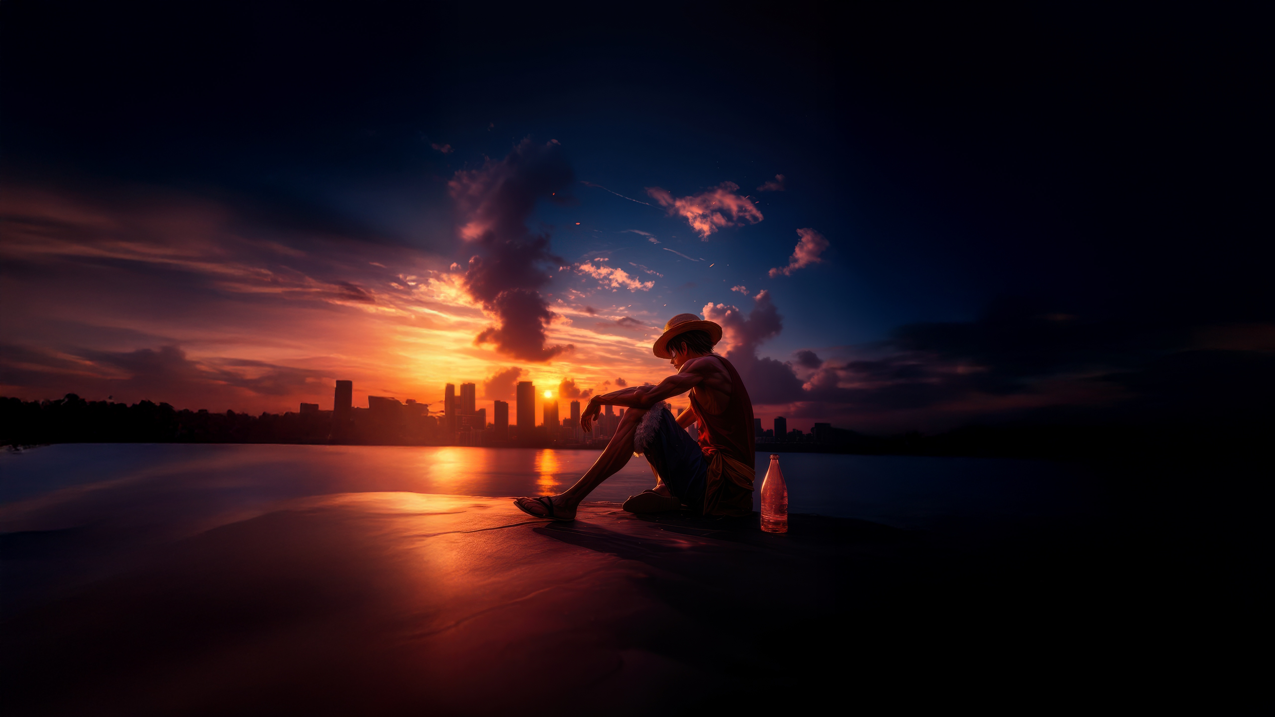 Monkey D. Luffy sitting by the water at sunset HD Wallpaper
