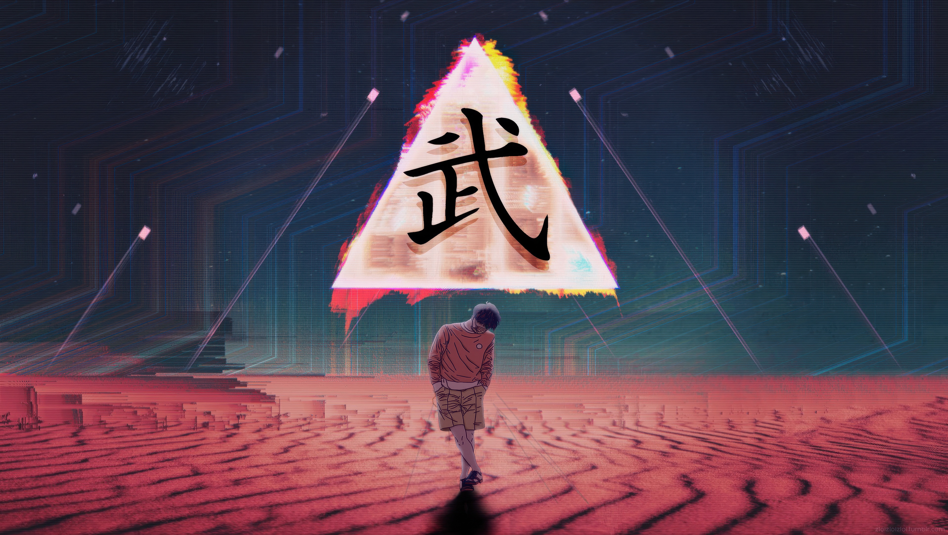 Anime Boy in Glitch Art with Japanese Kanji HD Wallpaper