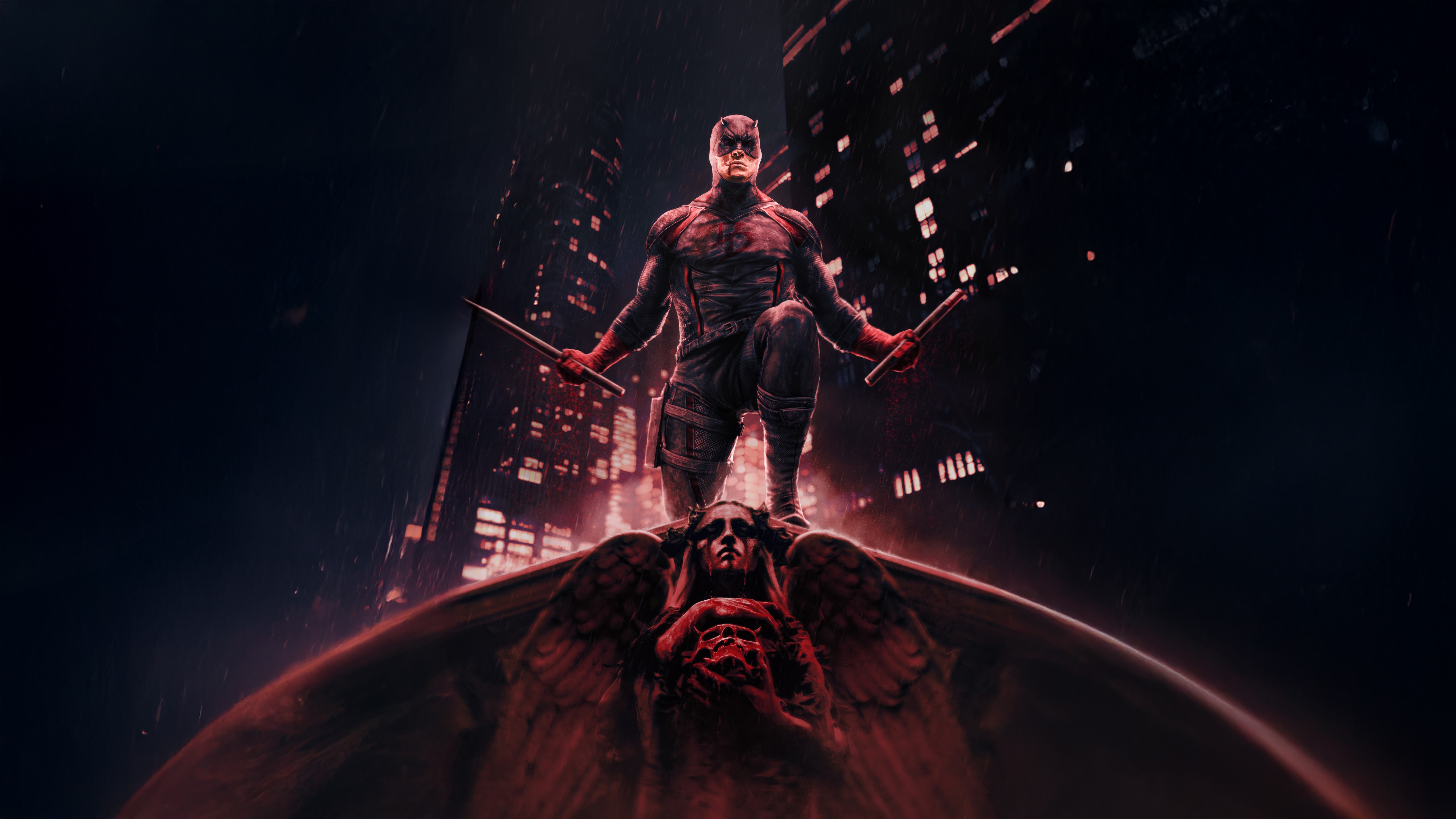Daredevil standing on a gargoyle in a city at night HD Wallpaper