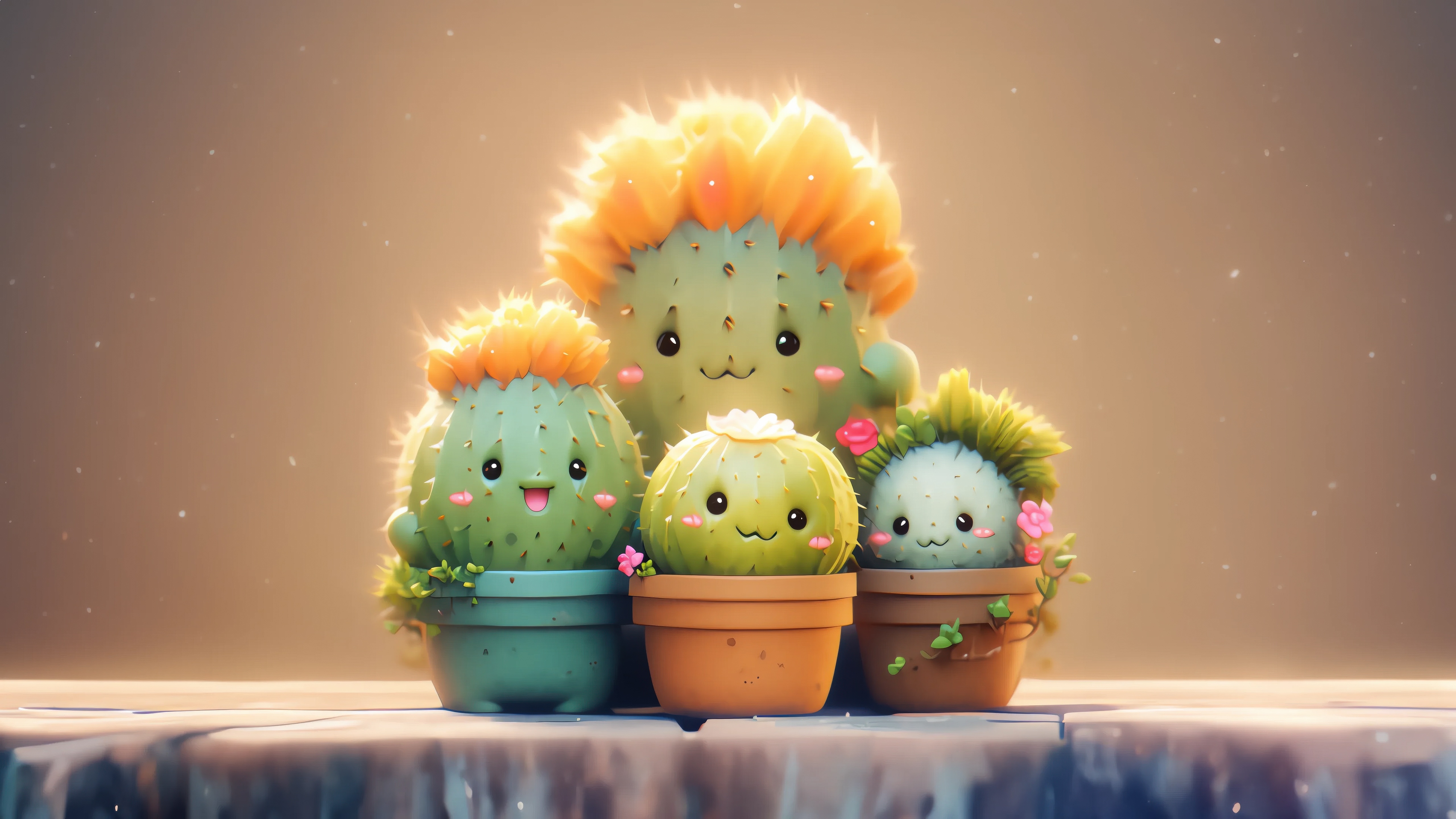 Cute Cactus Family in Pots HD Wallpaper