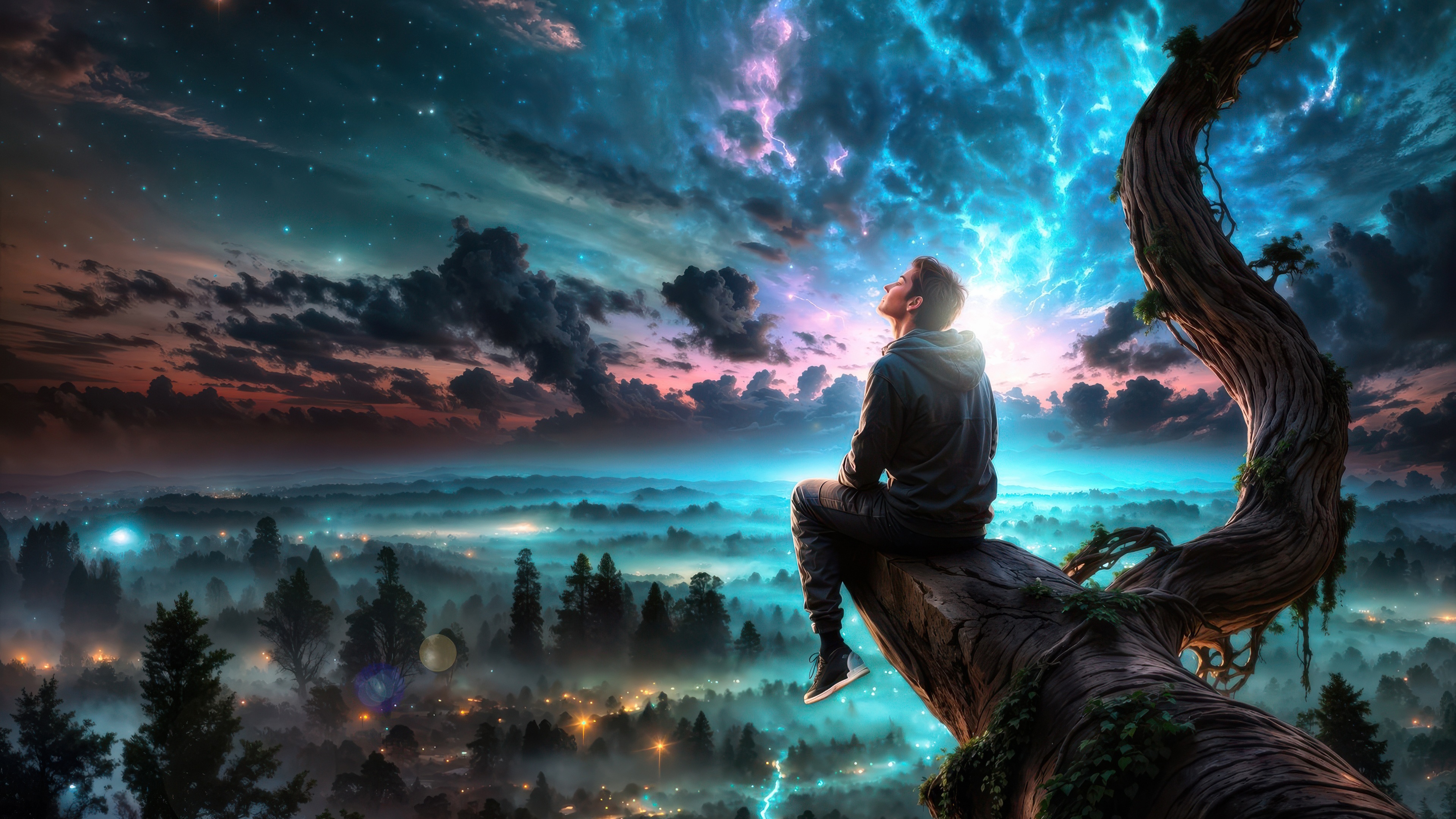 Man sitting on a tree branch looking at the night sky HD Wallpaper