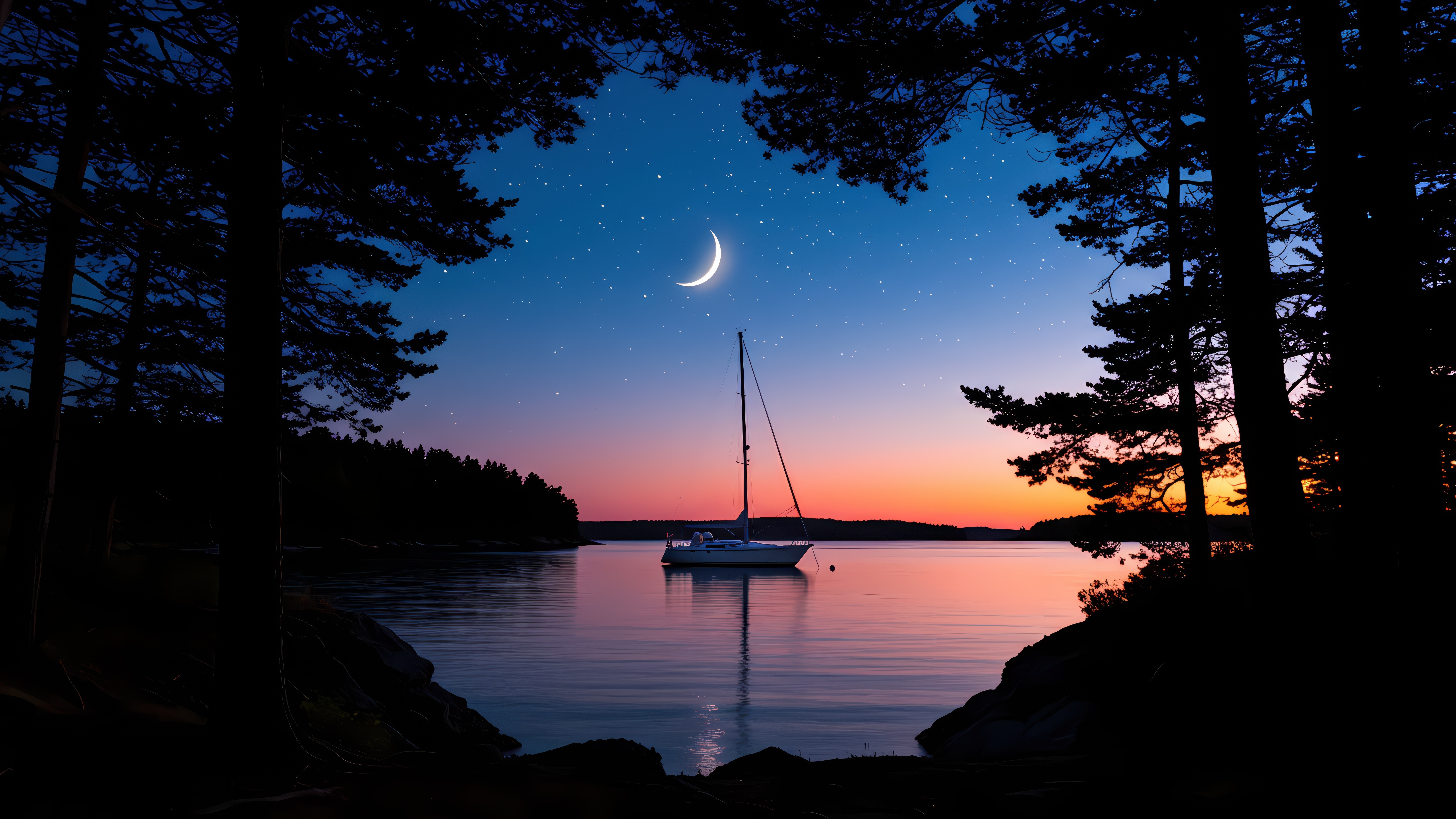 Sailboat under a crescent moon at dusk HD Wallpaper