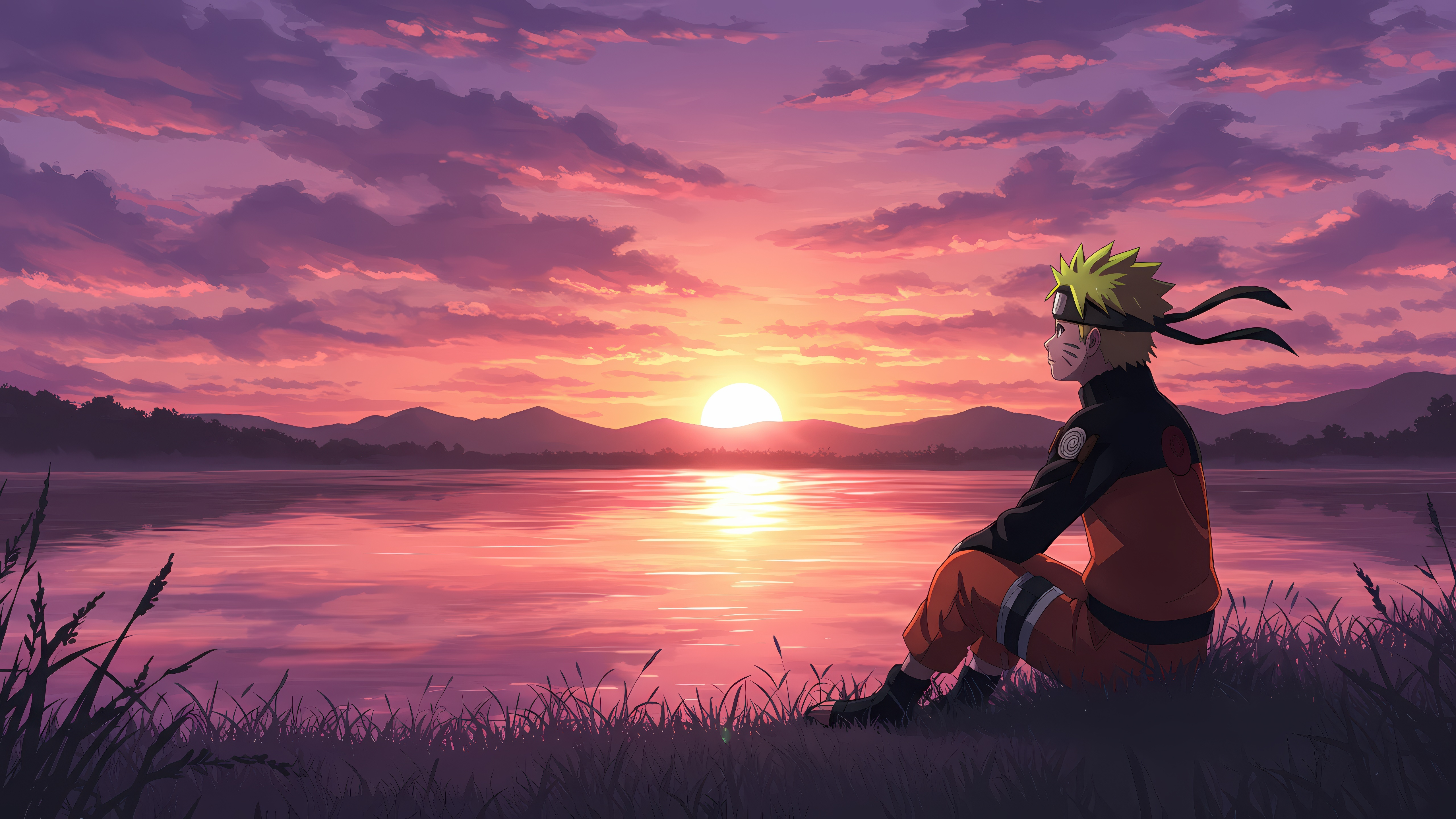 Naruto sitting by a lake at sunset HD Wallpaper