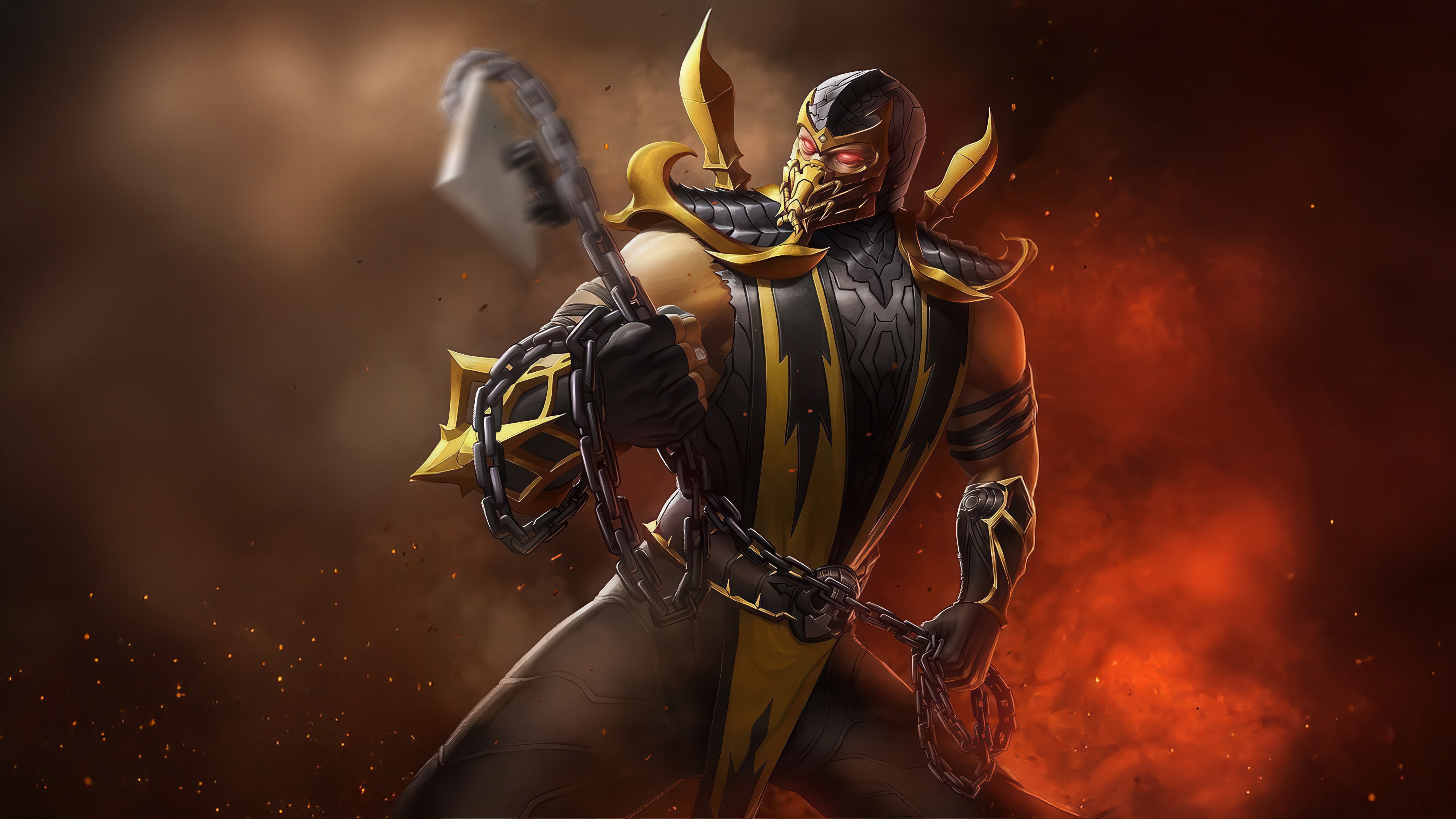 Scorpion from Mortal Kombat holding a chain weapon HD Wallpaper