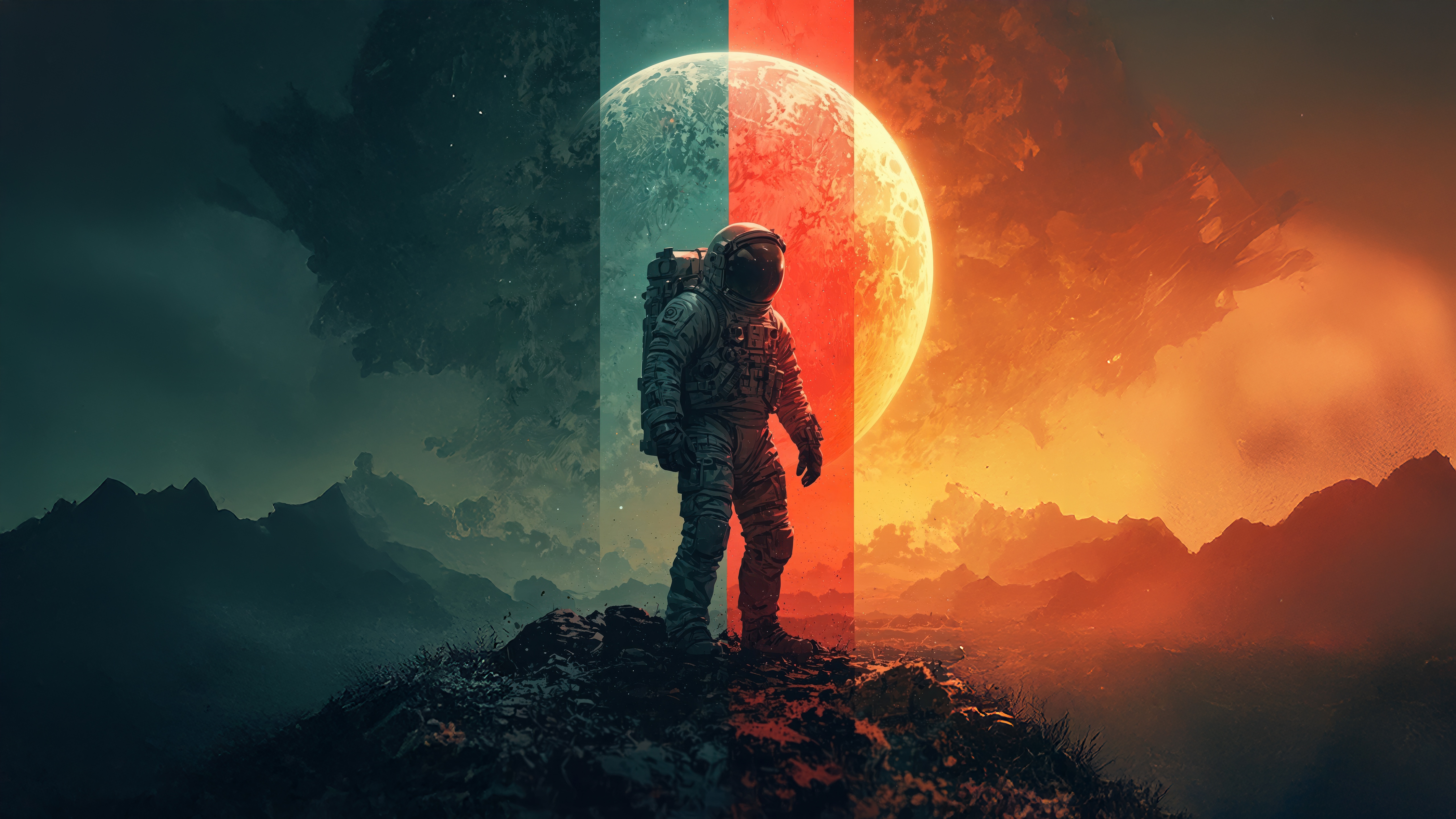 Astronaut walking on a rocky planet with a large moon HD Wallpaper
