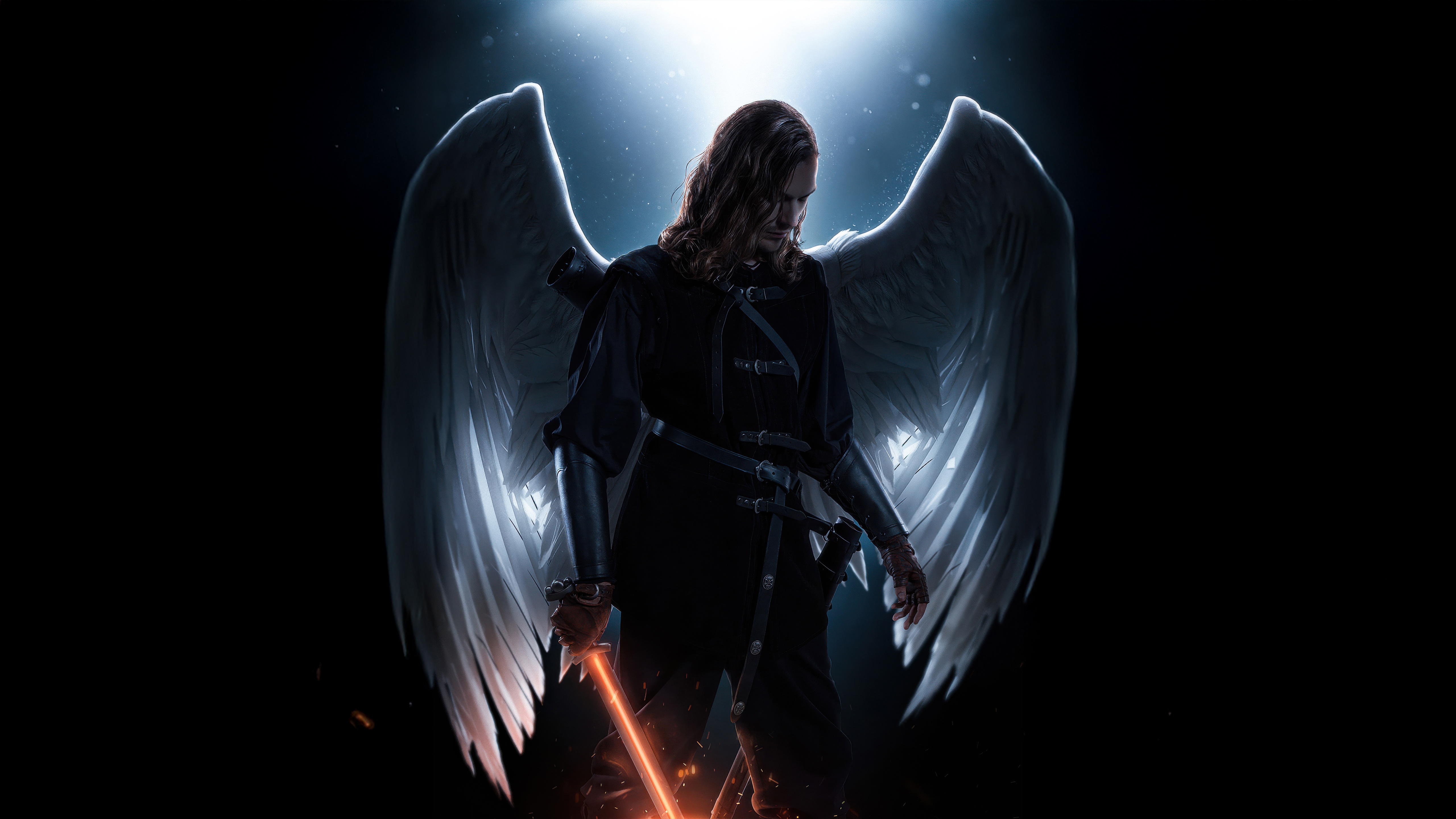 Angel with a glowing sword and wings HD Wallpaper