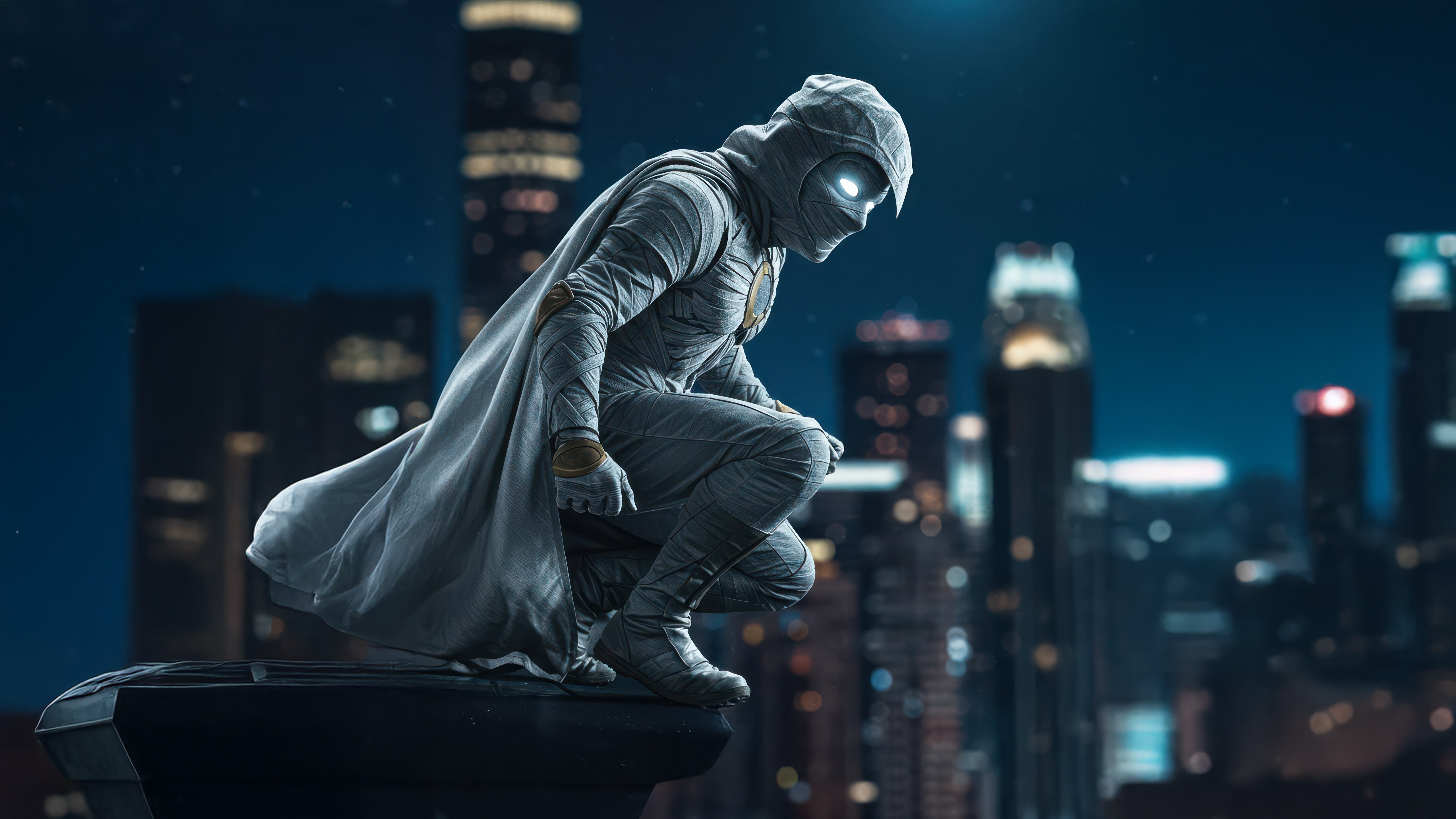 Moon Knight Crouching on a Rooftop at Night HD Wallpaper