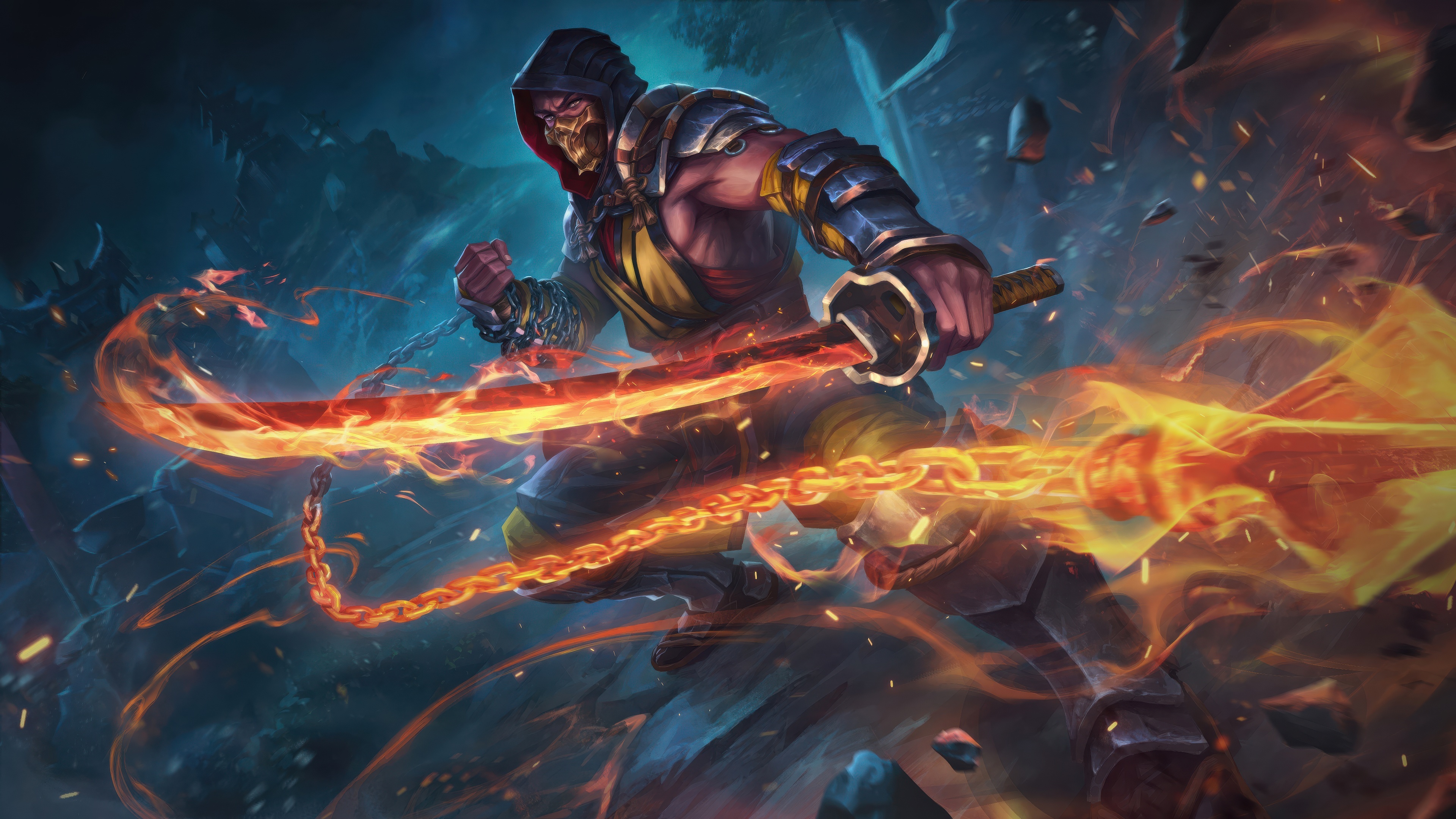 Scorpion from Mortal Kombat with flaming chain weapon HD Wallpaper